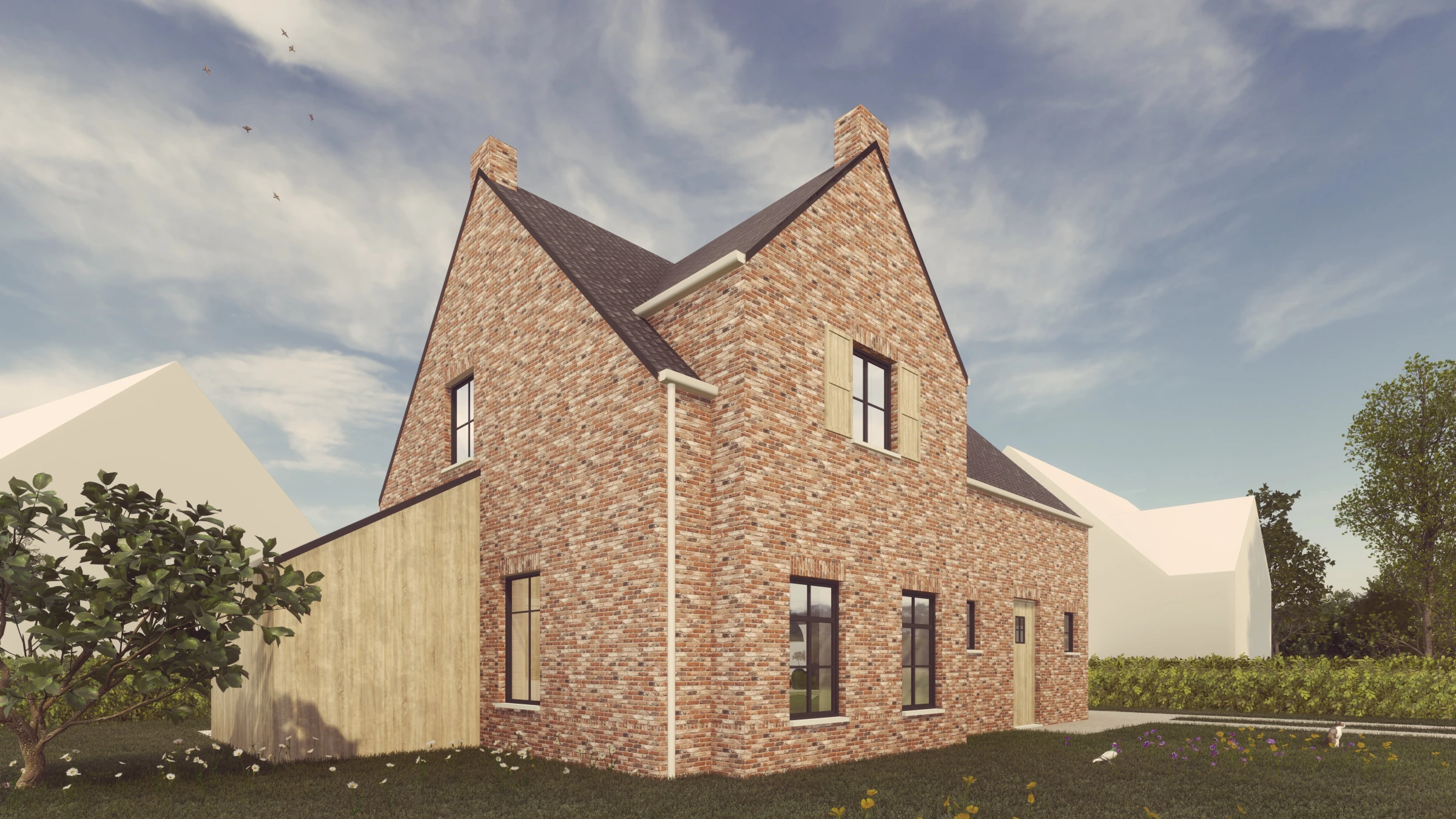 3D visualisatie van een modern landelijke woning in rustieke rode baksteen, gecombineerd met een strakke lichte houten aanbouw en zwarte raamprofielen.