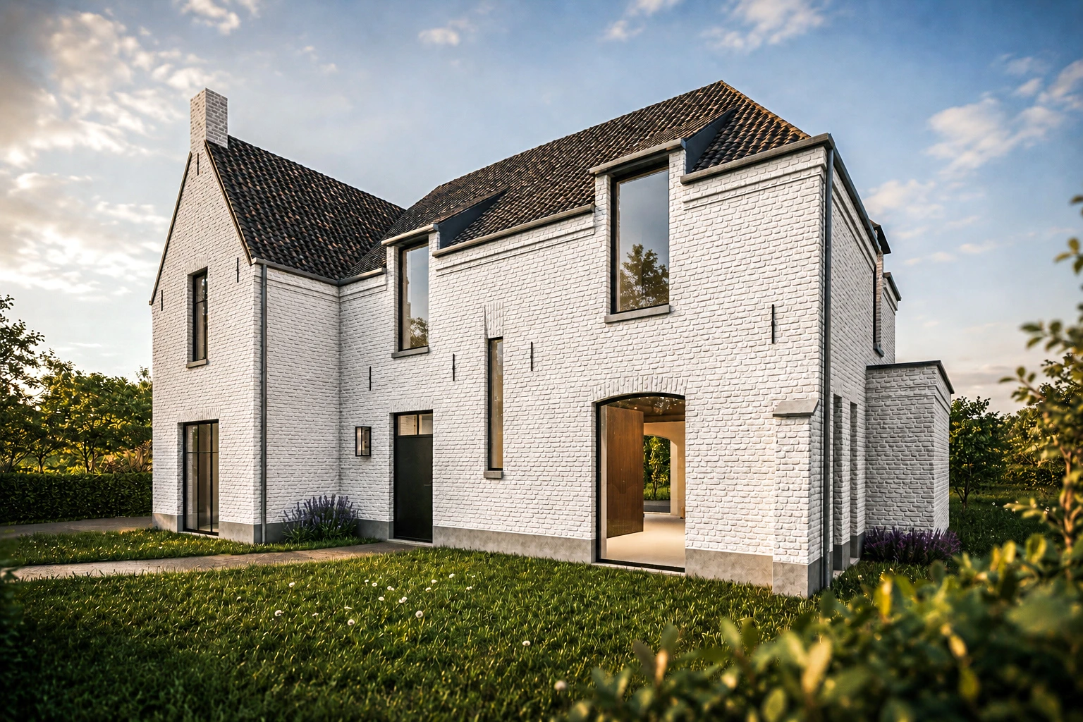 3D visualisatie van een hedendaags woning in wit gekaleide baksteen met een donker zadeldak en strakke zwarte raamprofielen.