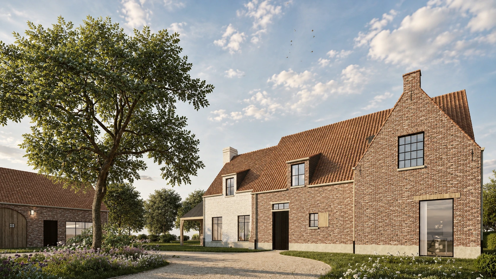 herbouwde hoeve, zonevreemde woning, zonevreemde hoeve, landelijke architectuur, authentieke hoeve, hoeve renovatie en heropbouw, landelijke villa, architectuur op maat, landelijke nieuwbouw, hedendaagse hoeve, wonen in het buitengebied. Architect Maaseik, Architect Limburg