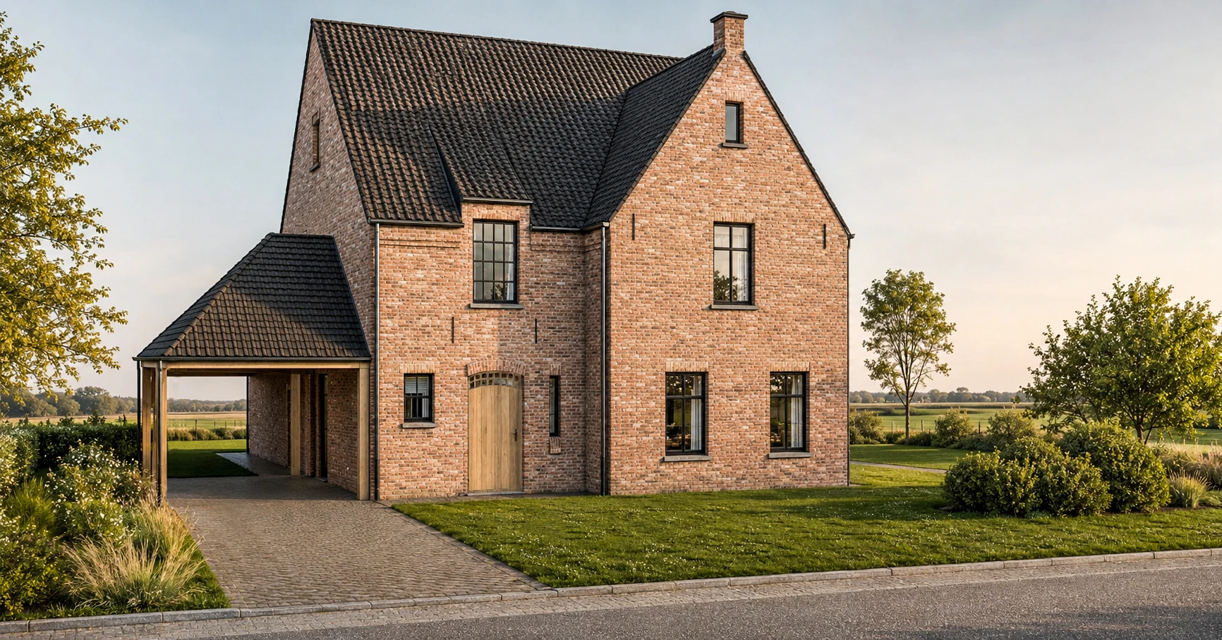 architect landelijke woning Limburg, landelijke nieuwbouw, landelijke architectuur, landelijke gezinswoning, woning met carport, nieuwbouw architect, tijdloze woning, architect op maat, landelijke villa, architect Genk.