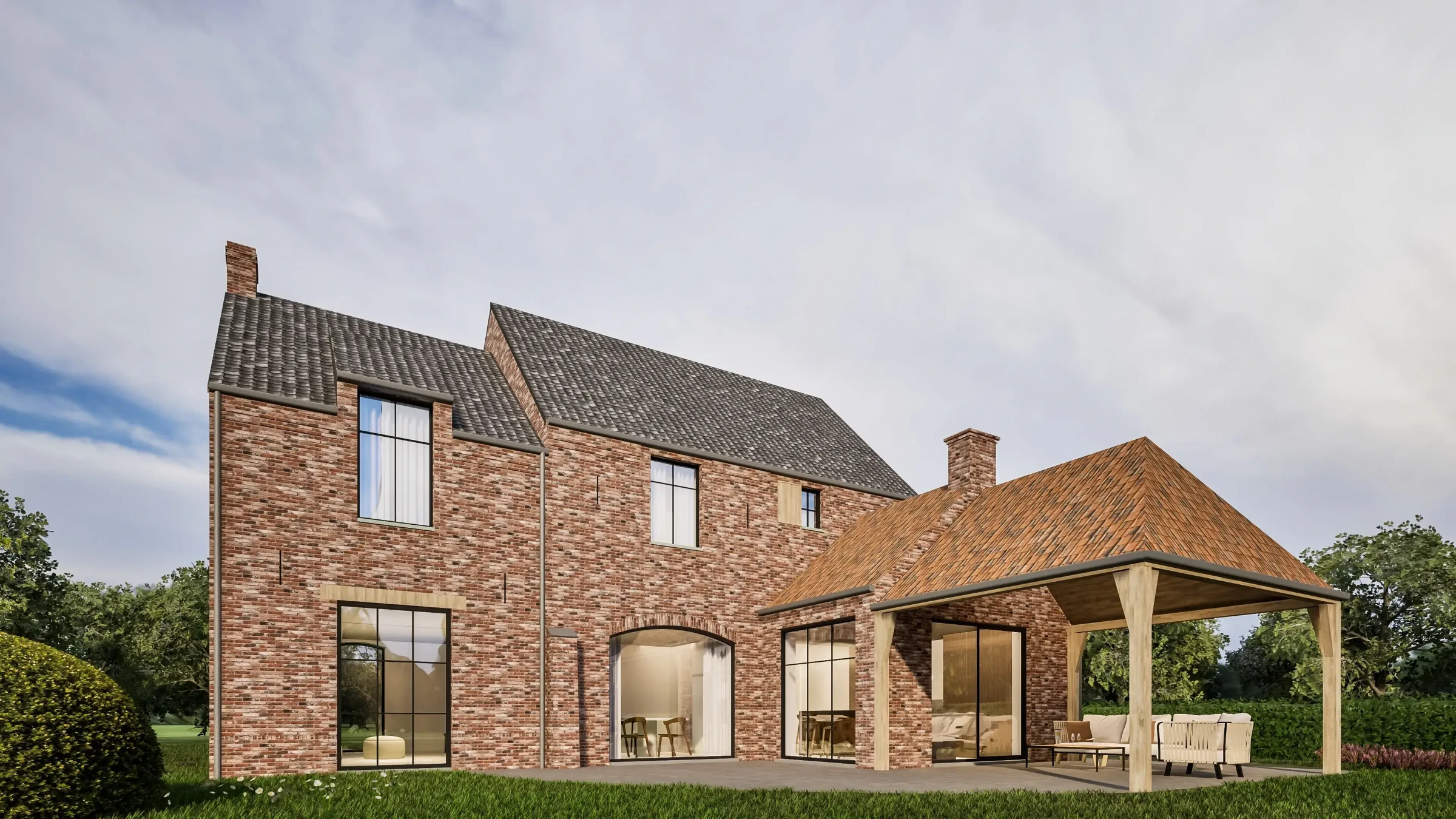 Landelijke woning Zonhoven, architect Zonhoven, landelijke architectuur, landelijkstrak, landelijkmodern, pastorijstijl, architect limburg, architect landelijke stijl