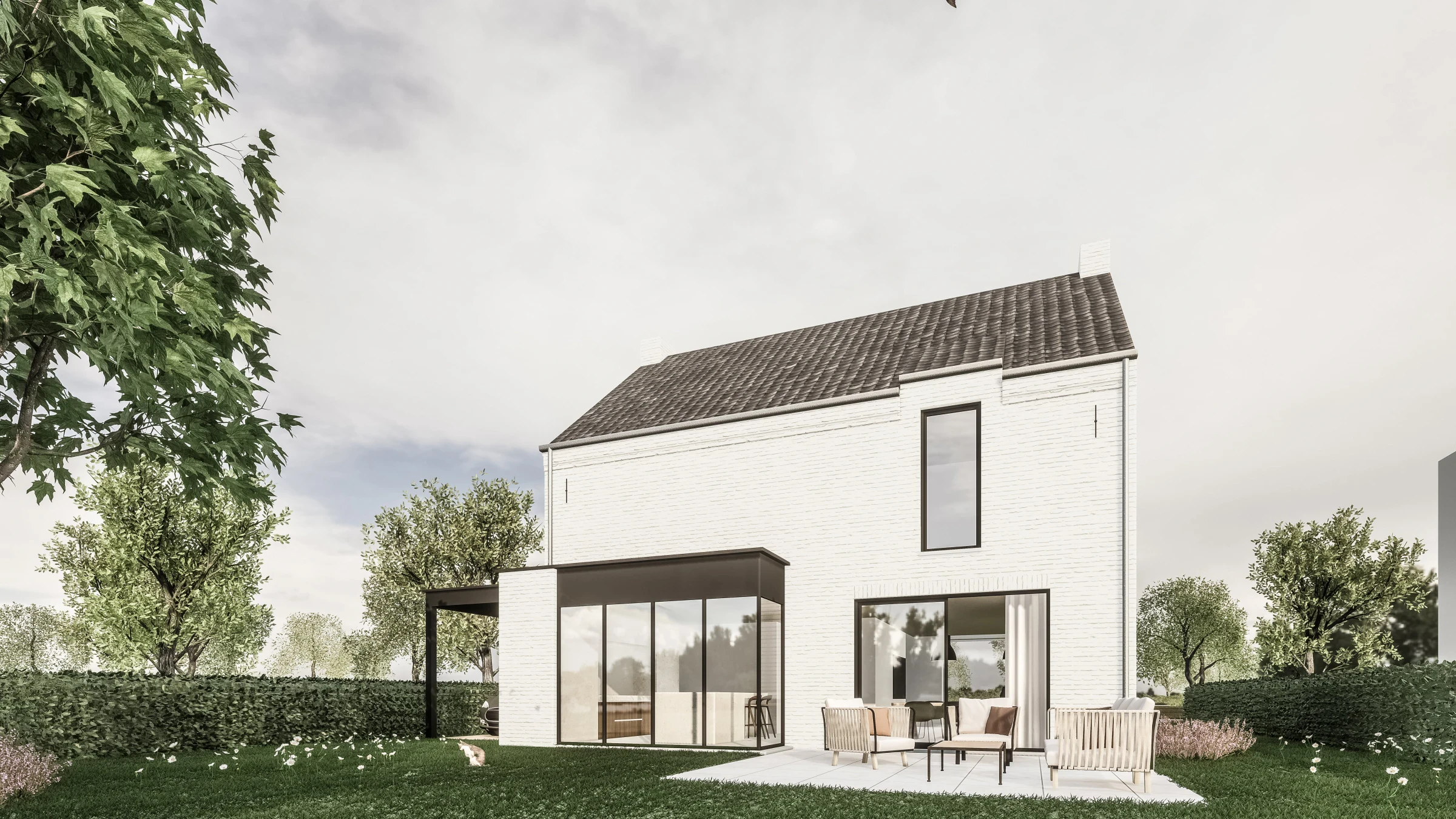 moderne landelijke woning, landelijke architectuur, moderne villa, wit gekaleide gevel, nieuwbouwwoning, architectuur op maat, hedendaagse landelijke woning, energiezuinige woning, exclusieve gezinswoning, tijdloze architectuur. architect Kinrooi, Architect Limburg