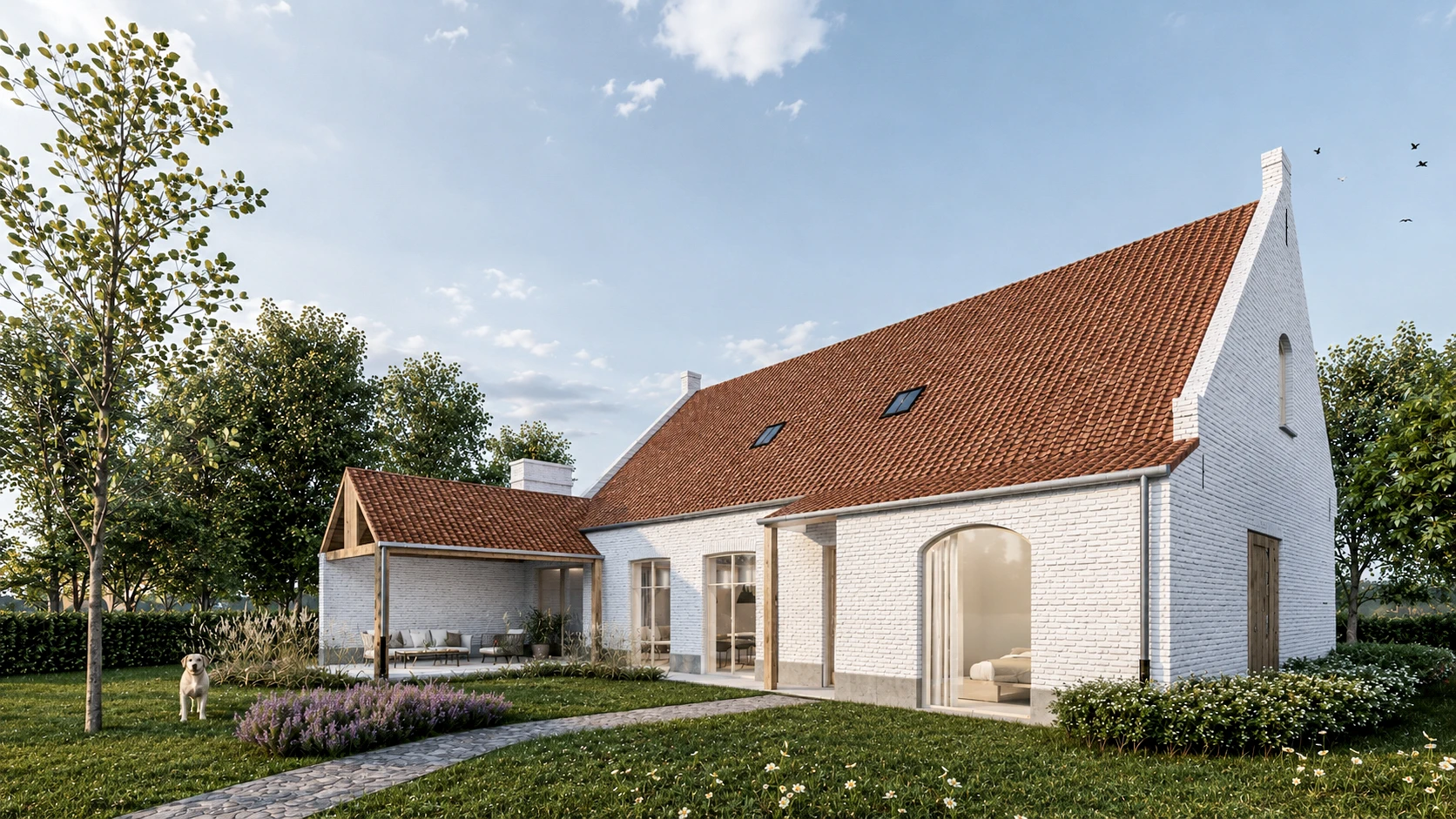 landelijke woning, landelijke architectuur, hoevestijl, nieuwbouw woning, architect landelijke woning, Vlaamse hoeve, pastoriewoning modern, landelijke nieuwbouw, woning met zadeldak, tijdloze architectuur.