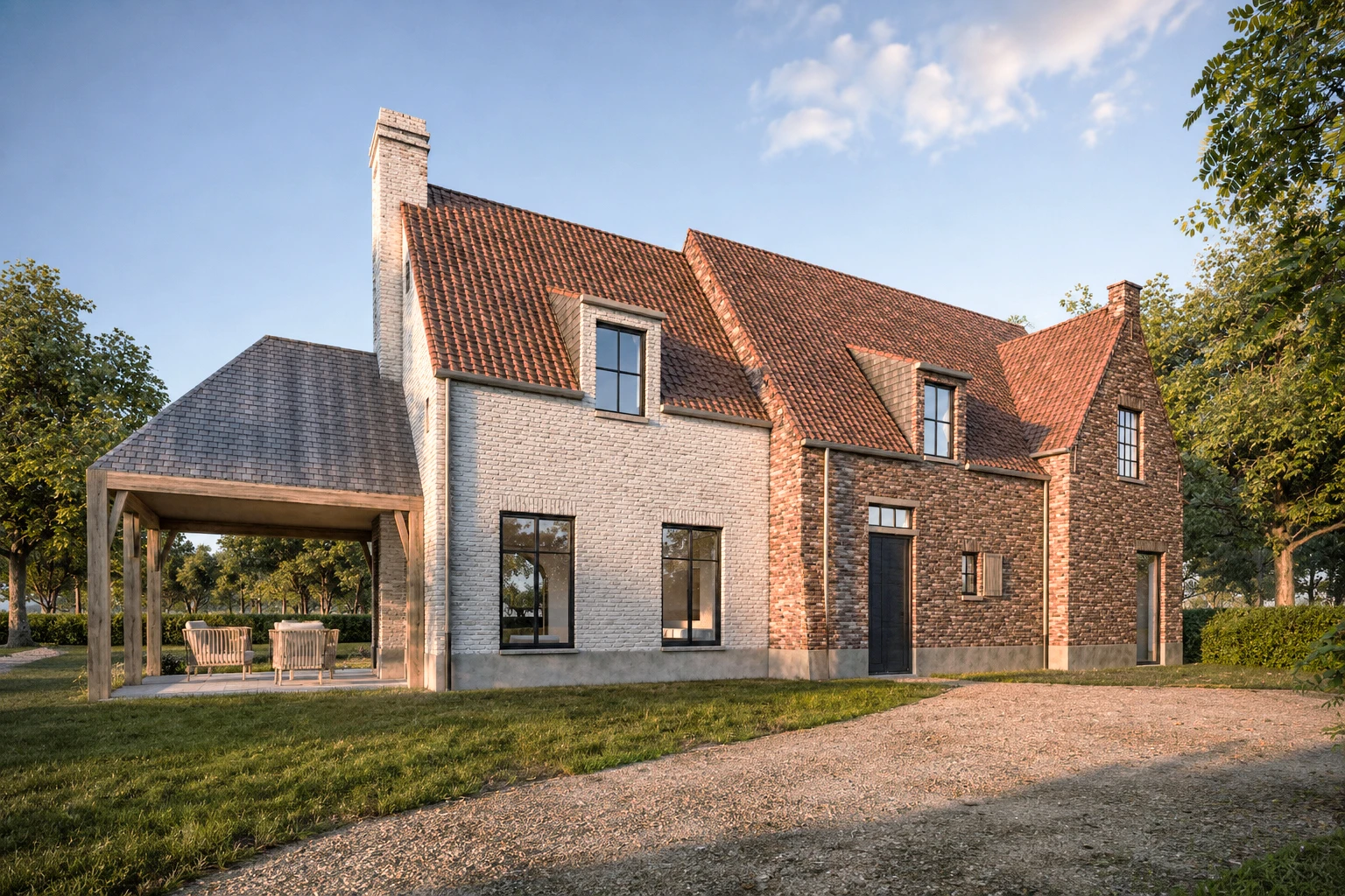 herbouwde hoeve, zonevreemde woning, zonevreemde hoeve, landelijke architectuur, authentieke hoeve, hoeve renovatie en heropbouw, landelijke villa, architectuur op maat, landelijke nieuwbouw, hedendaagse hoeve, wonen in het buitengebied. Architect Maaseik, Architect Limburg