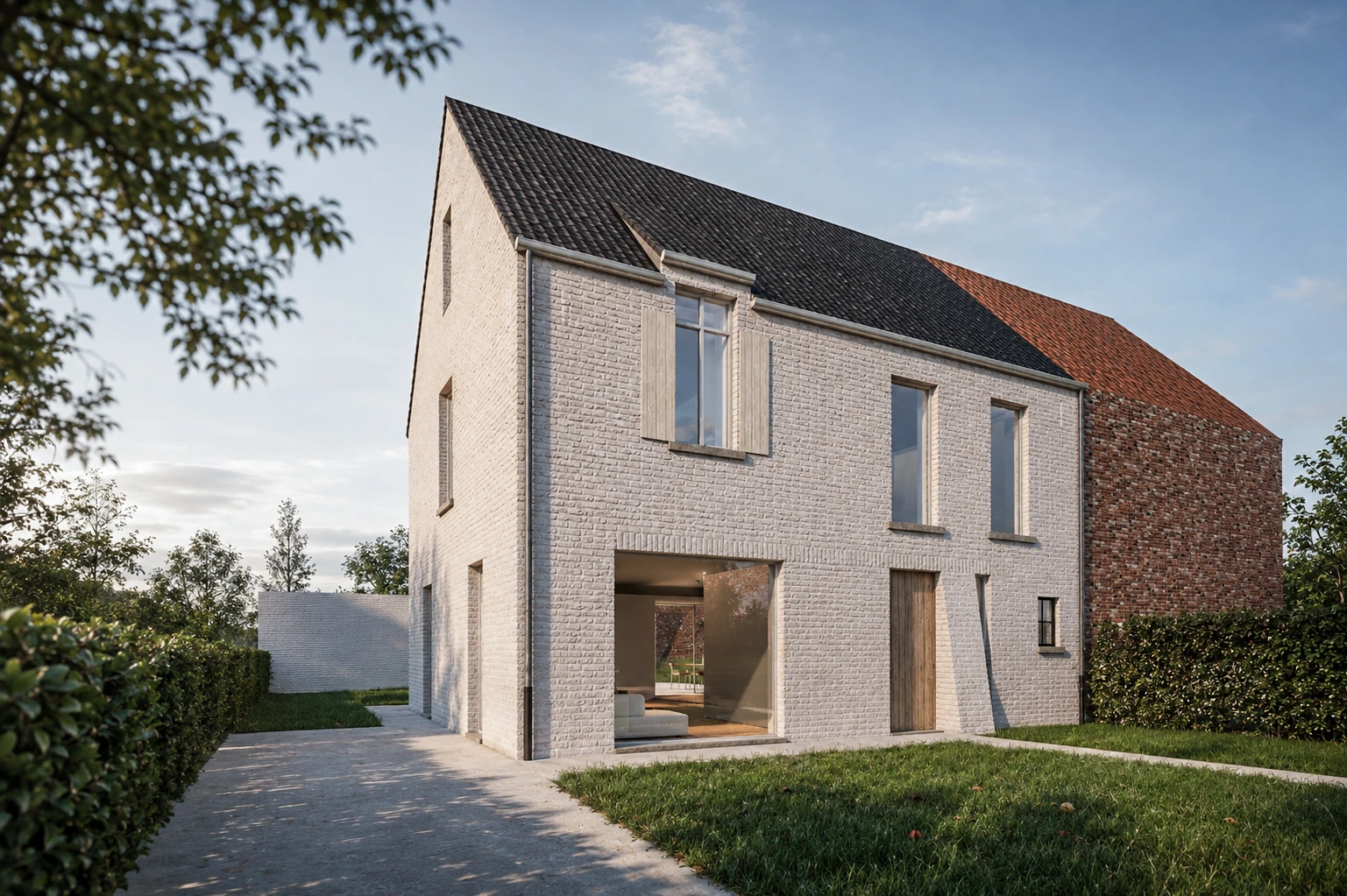 landelijke woning, wit gekaleide gevel, landelijke architectuur, tijdloze villa, moderne landelijke woning, nieuwbouwwoning, architectuur op maat, landelijke gezinswoning, landelijke nieuwbouw, hedendaagse landelijke architectuur. Architect Bree, Architect As