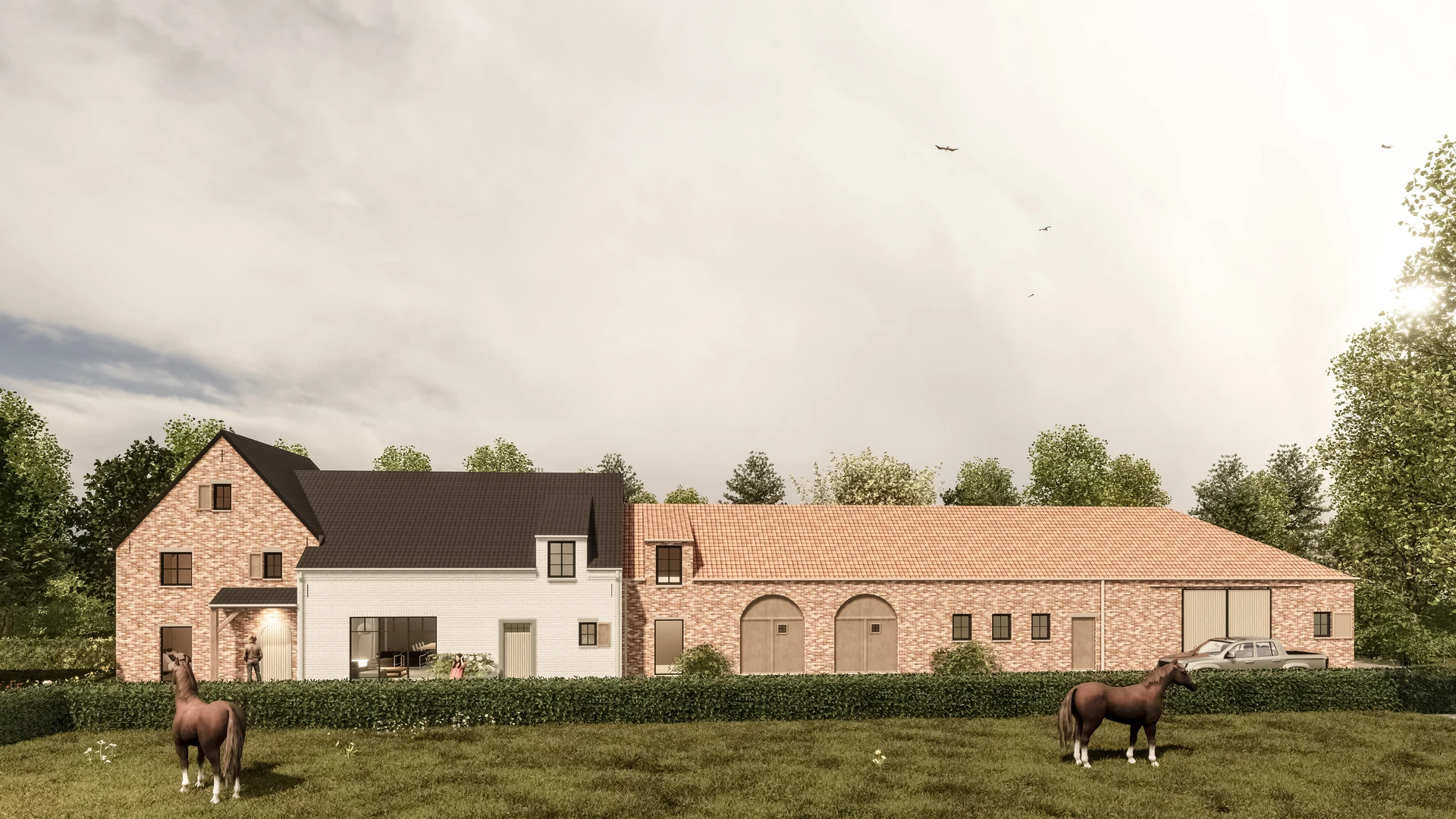 3D visualisatie: indrukwekkende verbouwing van een landelijke langgevelhoeve met paardenstallen, een mix van rode en wit gekaleide baksteen.