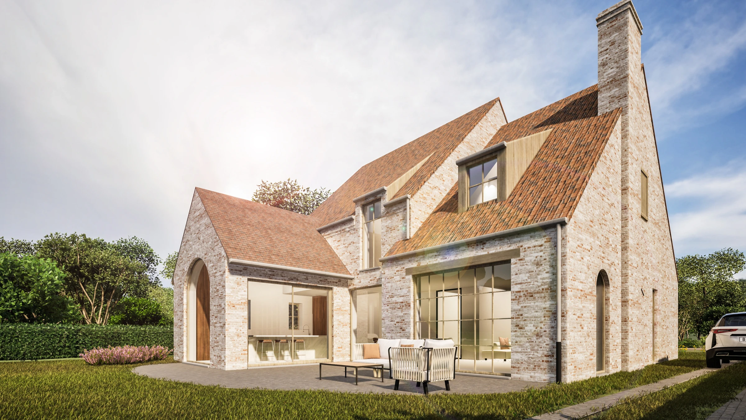 landelijke villa, woning met papvoeg, landelijke architectuur, exclusieve nieuwbouwwoning, tijdloze villa, landelijke woning met karakter, architect As, Architect Molenbeersel, architectuur op maat, landelijke nieuwbouw, landelijke woning met boogvormige ramen.