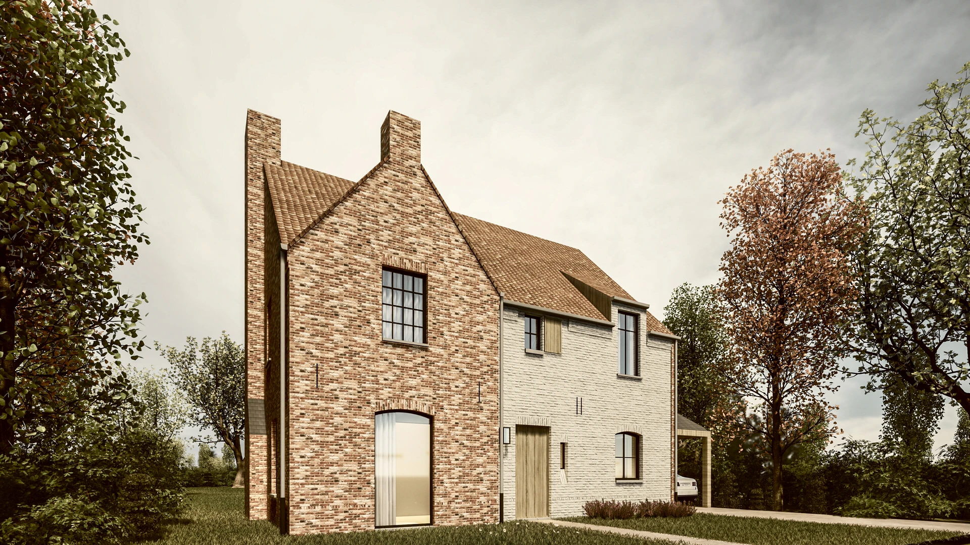 3D visualisatie architectuur: landelijke nieuwbouwwoning met een opvallend contrast tussen rustieke rode gevelsteen en witte baksteen, voorzien van een aangebouwde houten carport.
