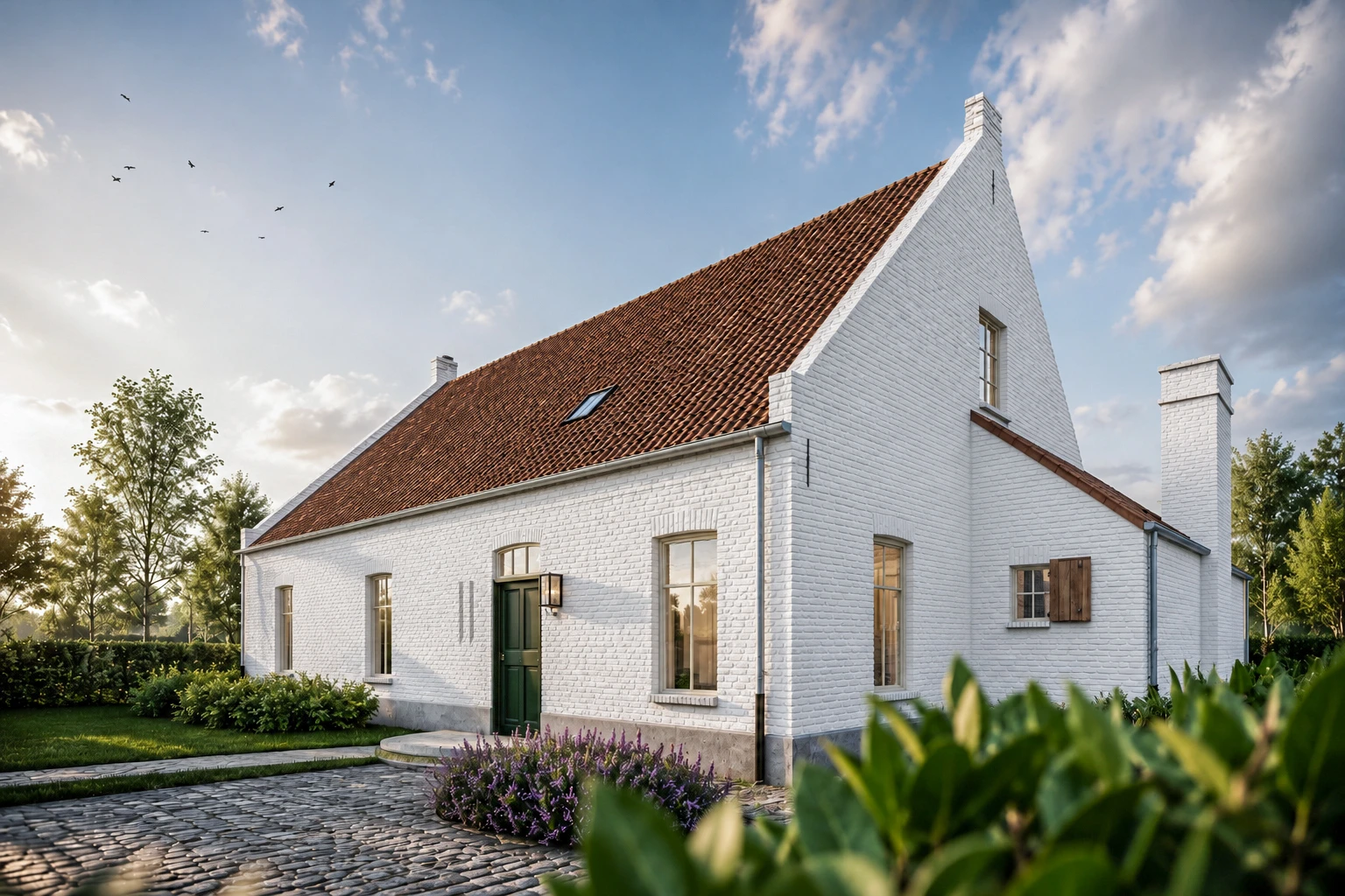landelijke woning, landelijke architectuur, hoevestijl, nieuwbouw woning, architect landelijke woning, Vlaamse hoeve, pastoriewoning modern, landelijke nieuwbouw, woning met zadeldak, tijdloze architectuur.