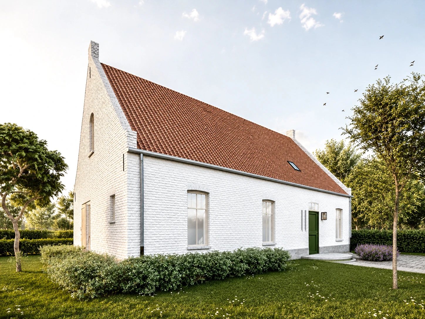 landelijke woning, landelijke architectuur, hoevestijl, nieuwbouw woning, architect landelijke woning, Vlaamse hoeve, pastoriewoning modern, landelijke nieuwbouw, woning met zadeldak, tijdloze architectuur.