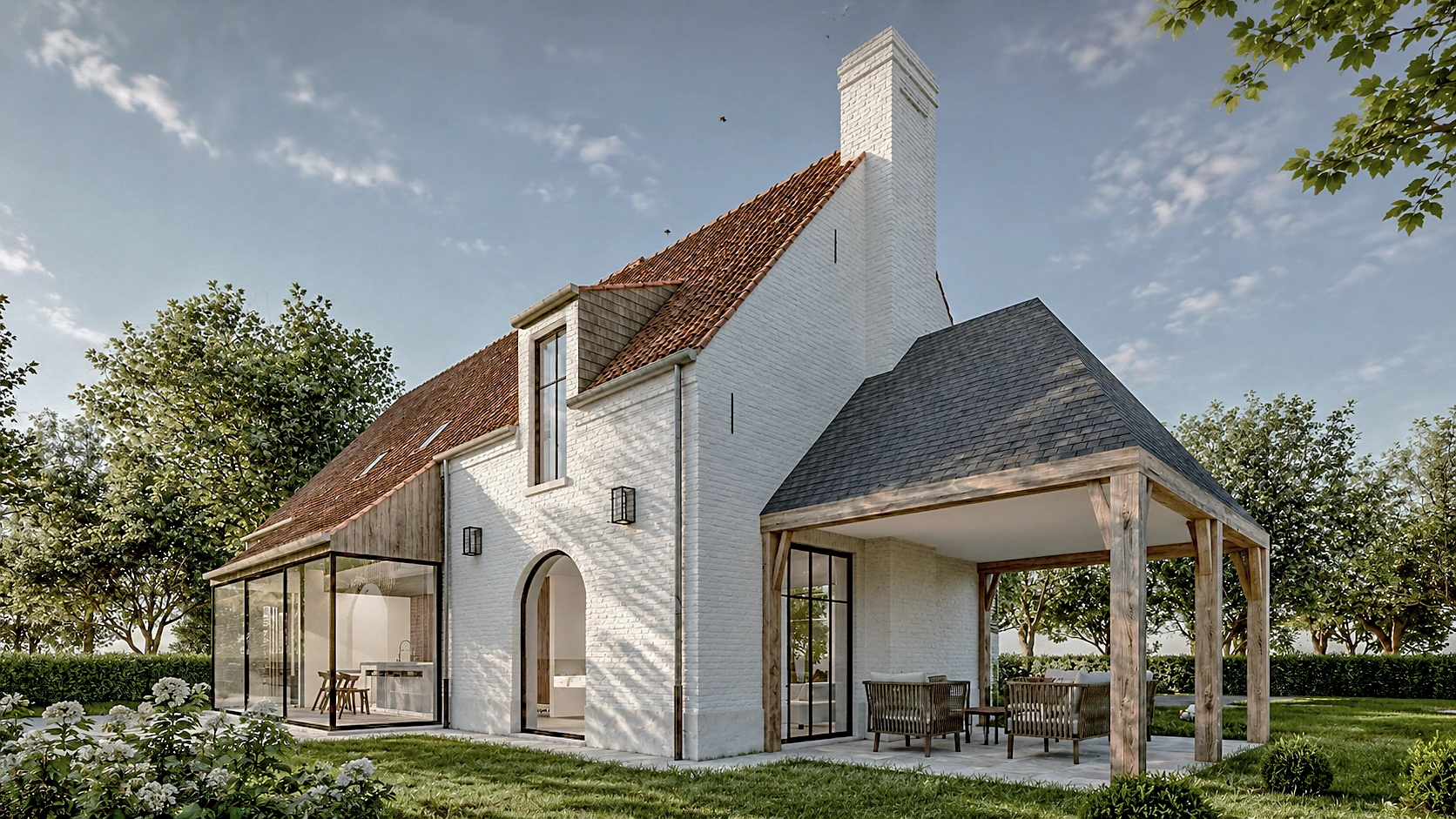 herbouwde hoeve, zonevreemde woning, zonevreemde hoeve, landelijke architectuur, authentieke hoeve, hoeve renovatie en heropbouw, landelijke villa, architectuur op maat, landelijke nieuwbouw, hedendaagse hoeve, wonen in het buitengebied. Architect Maaseik, Architect Limburg
