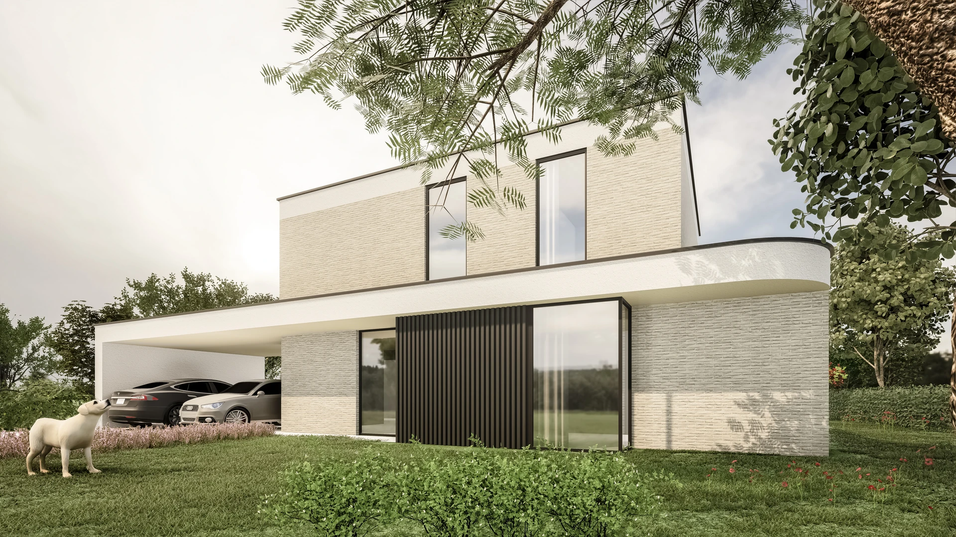 3D visualisatie: moderne villa met plat dak, lichte gevelsteen, zwarte verticale lamellen en een brede, overstekende witte luifel.