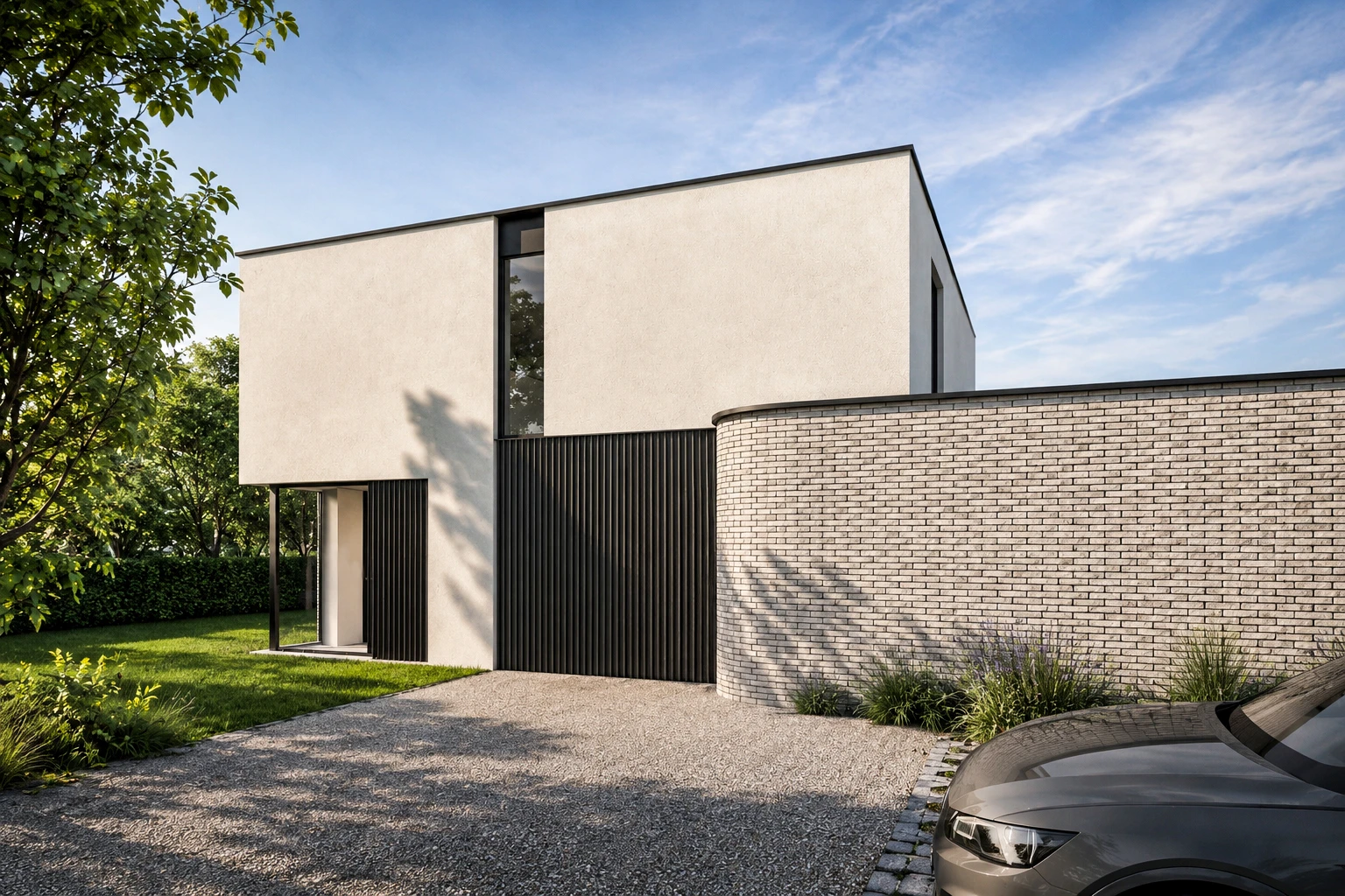 Een moderne, minimalistische woning met een wit gepleisterde bovenverdieping die boven een zwarte, verticaal gelijnde gevel lijkt te zweven. Een opvallende, gebogen muur van grijze baksteen leidt naar de oprit, terwijl een strak gazon en groene bomen de achtergrond vormen onder een helderblauwe lucht met lichte bewolking.