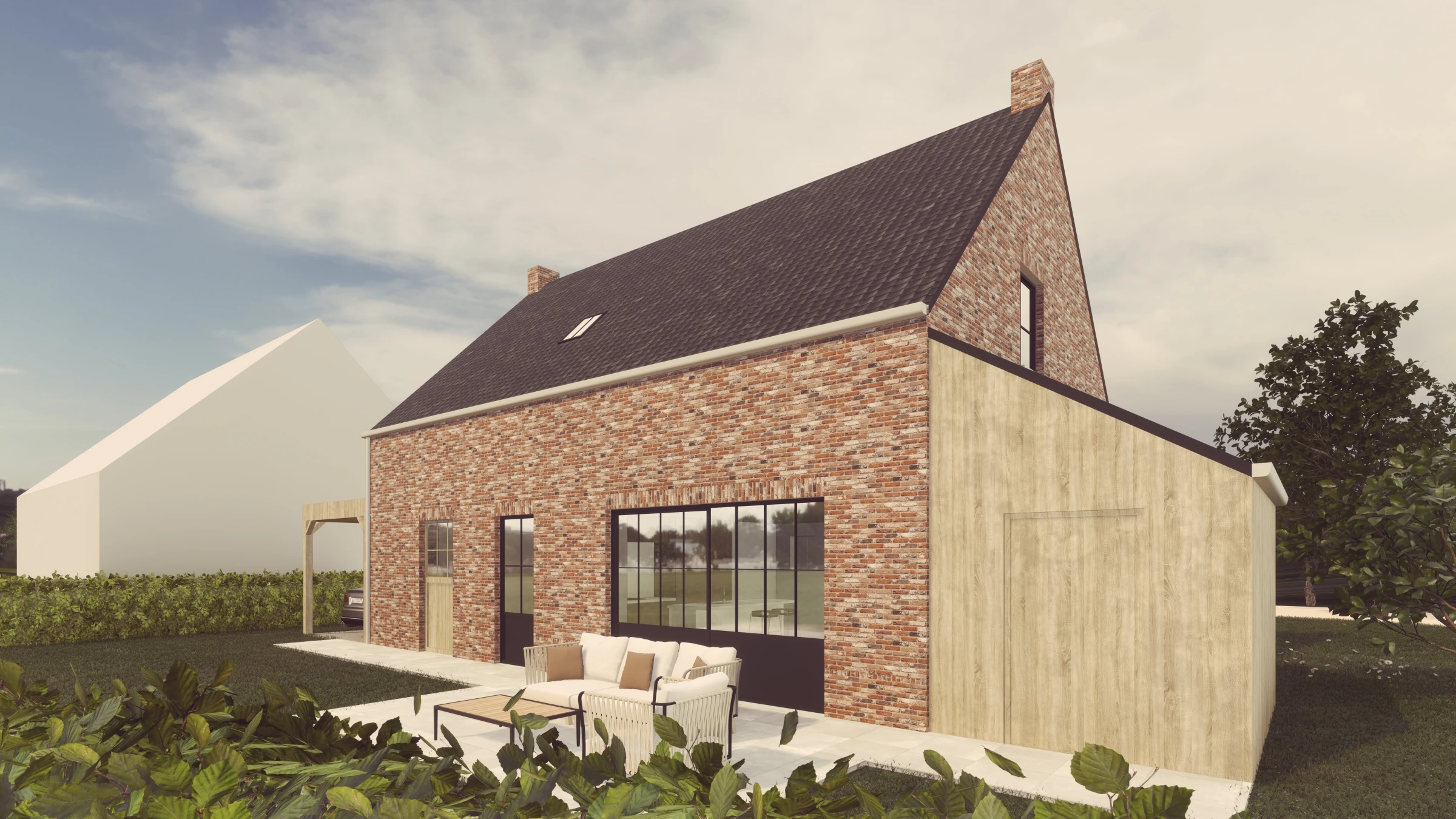 3D visualisatie architectuur: modern landelijke woning in rustieke rode baksteen, gecombineerd met een strakke lichte houten aanbouw en zwarte raamprofielen.
