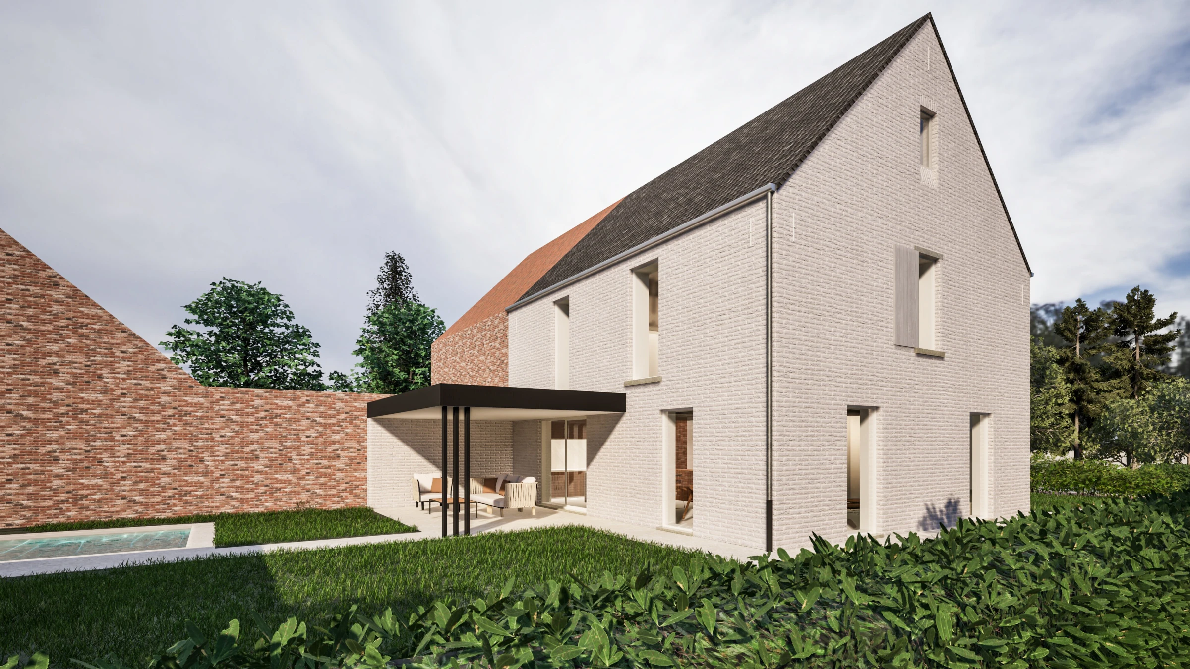 landelijke woning, wit gekaleide gevel, landelijke architectuur, tijdloze villa, moderne landelijke woning, nieuwbouwwoning, architectuur op maat, landelijke gezinswoning, landelijke nieuwbouw, hedendaagse landelijke architectuur. Architect Bree, Architect As
