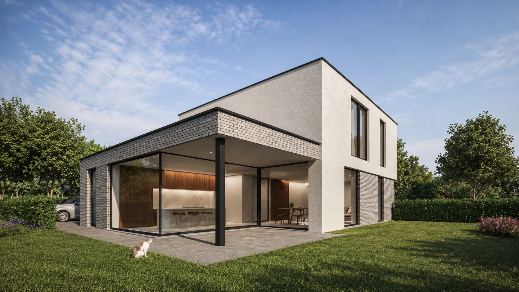 Moderne architectuur, architect Genk, moderne woning, architect B.Bosmans3D visualisatie van een moderne, kubistische villa met witte gevelbepleistering, zwarte verticale lamellen en grote raampartijen. hoekraam