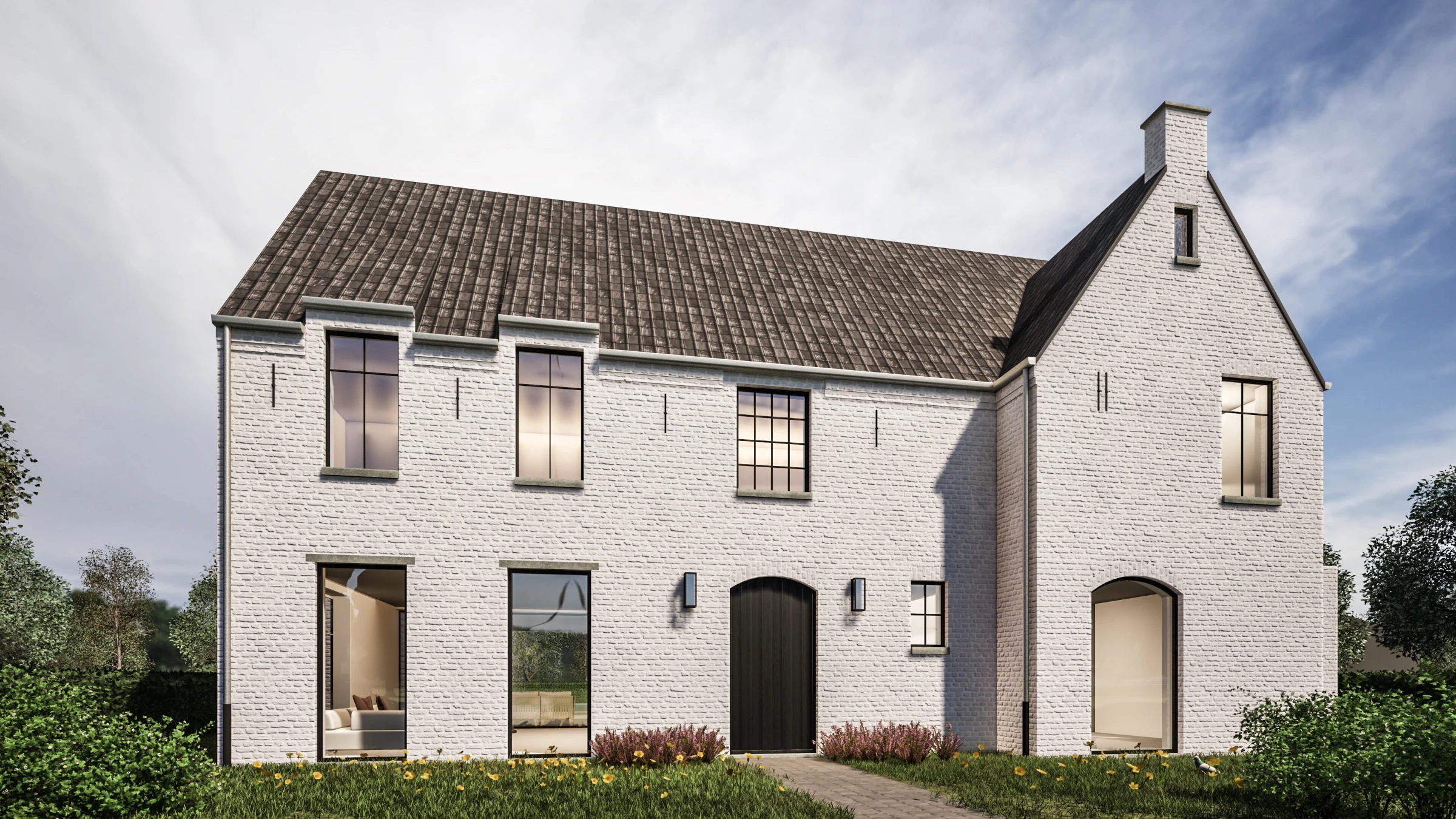 Moderne landelijke villa met wit geschilderde bakstenen gevel, zadeldak en grote raampartijen – hedendaagse architectuur met tijdloze uitstraling.