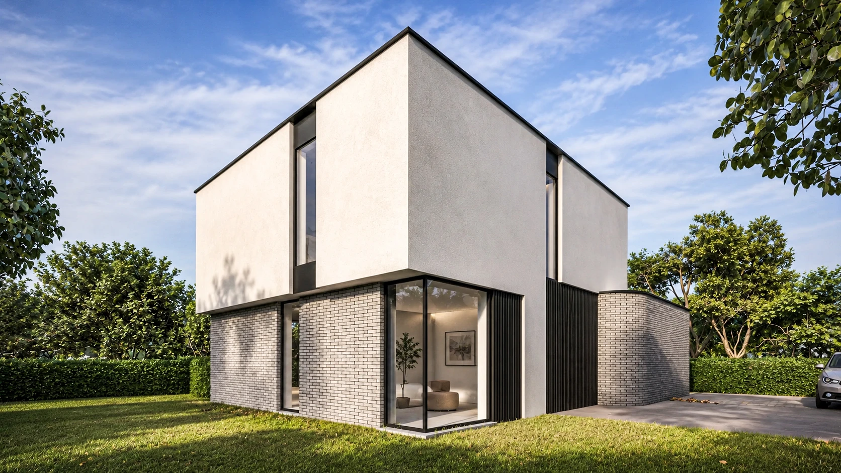 Moderne architectuur, architect Genk, moderne woning, architect B.Bosmans 
3D visualisatie van een moderne, kubistische villa met witte gevelbepleistering, zwarte verticale lamellen en grote raampartijen.