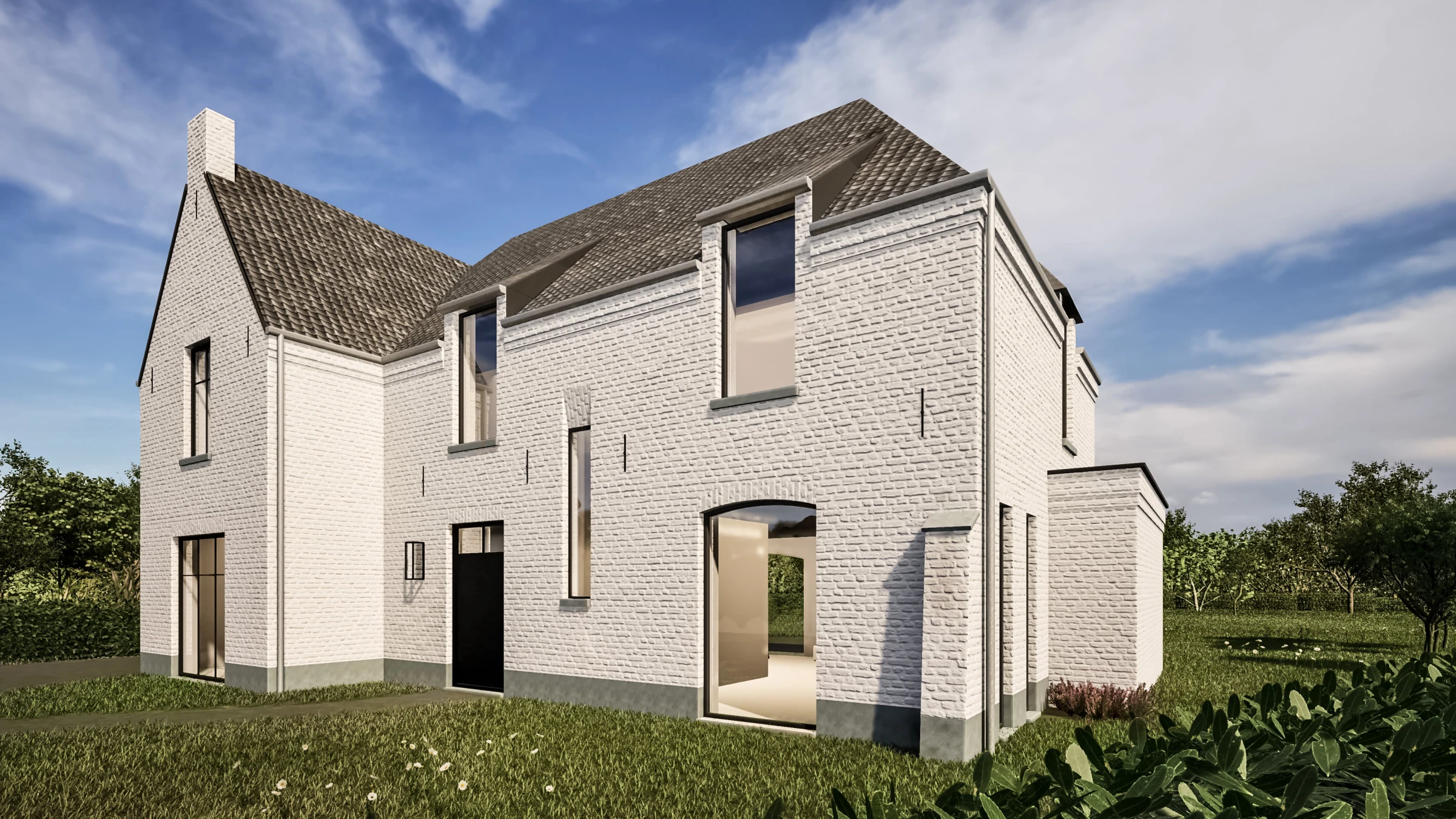 3D visualisatie van een hedendaags woning in wit gekaleide baksteen met een donker zadeldak en strakke zwarte raamprofielen.