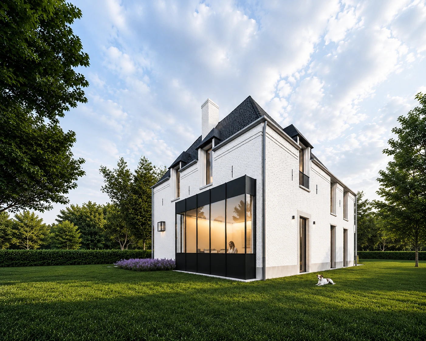 landelijke villa, exclusieve woning, moderne landelijke architectuur, luxe nieuwbouwwoning, architectuur op maat, tijdloze villa, landelijke woning met grote raampartijen, hedendaagse landelijke woning, villa met overdekt terras, Architect Limburg, Architect Herk-de-Stad, moderne manoir