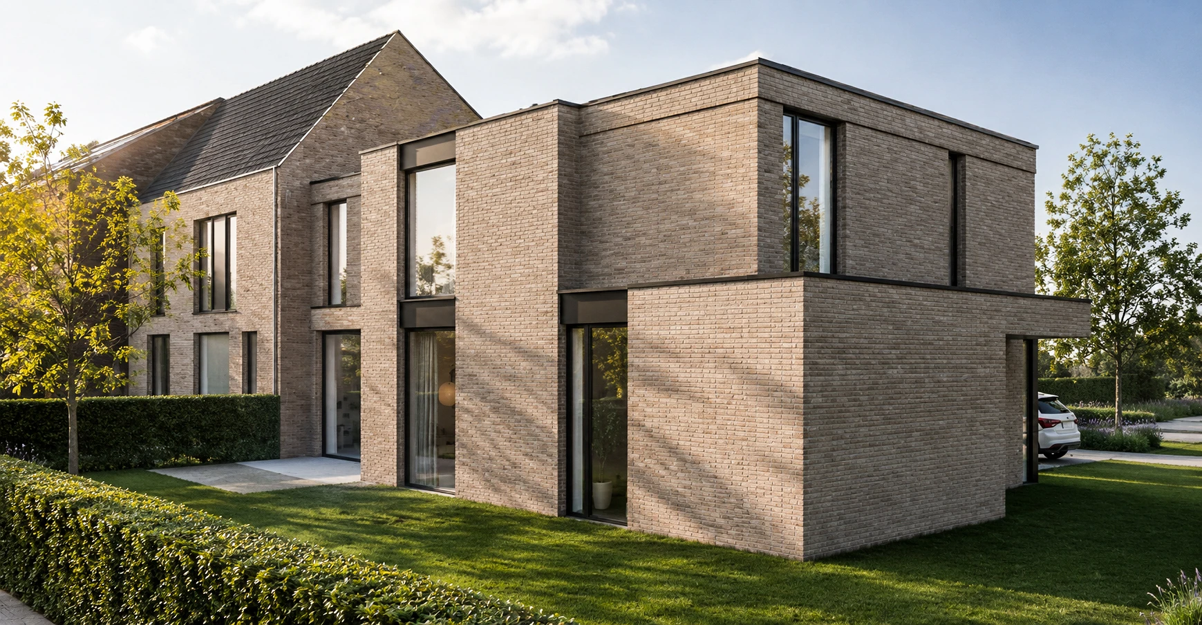 Moderne tweewoonst in een eigentijdse architectuurstijl met verfijnde detaillering. Architect Genk