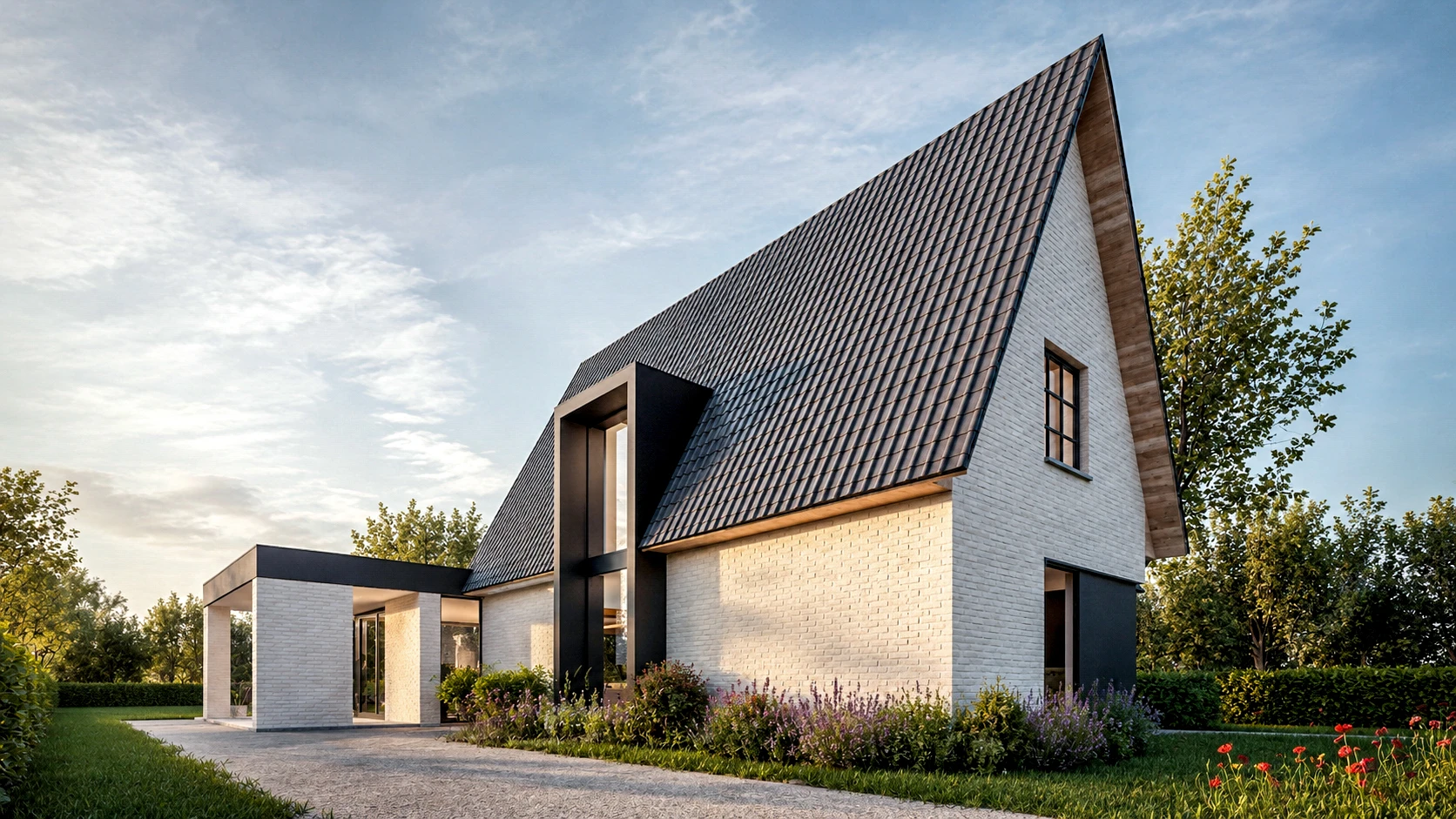 3D visualisatie: verbouwing van een wit gekaleide woning met een strak zadeldak en een donker raamkader op de begane grond. Moderne uitbouw, architect Bree