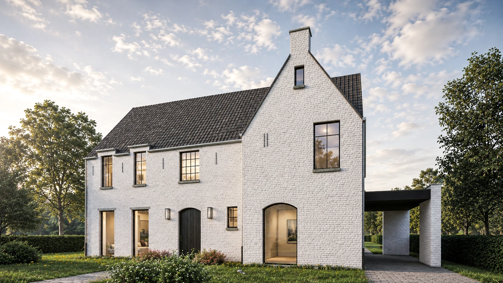 Moderne landelijke woning met witte gevelsteen, donker zadeldak en strakke carport.