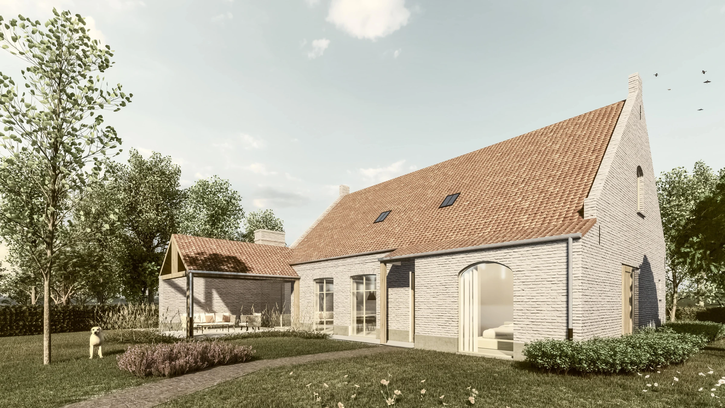 3D visualisatie van een hoevewoning in wit gekaleide baksteen met een terracotta zadeldak en een gezellig overdekt buitenterras.
