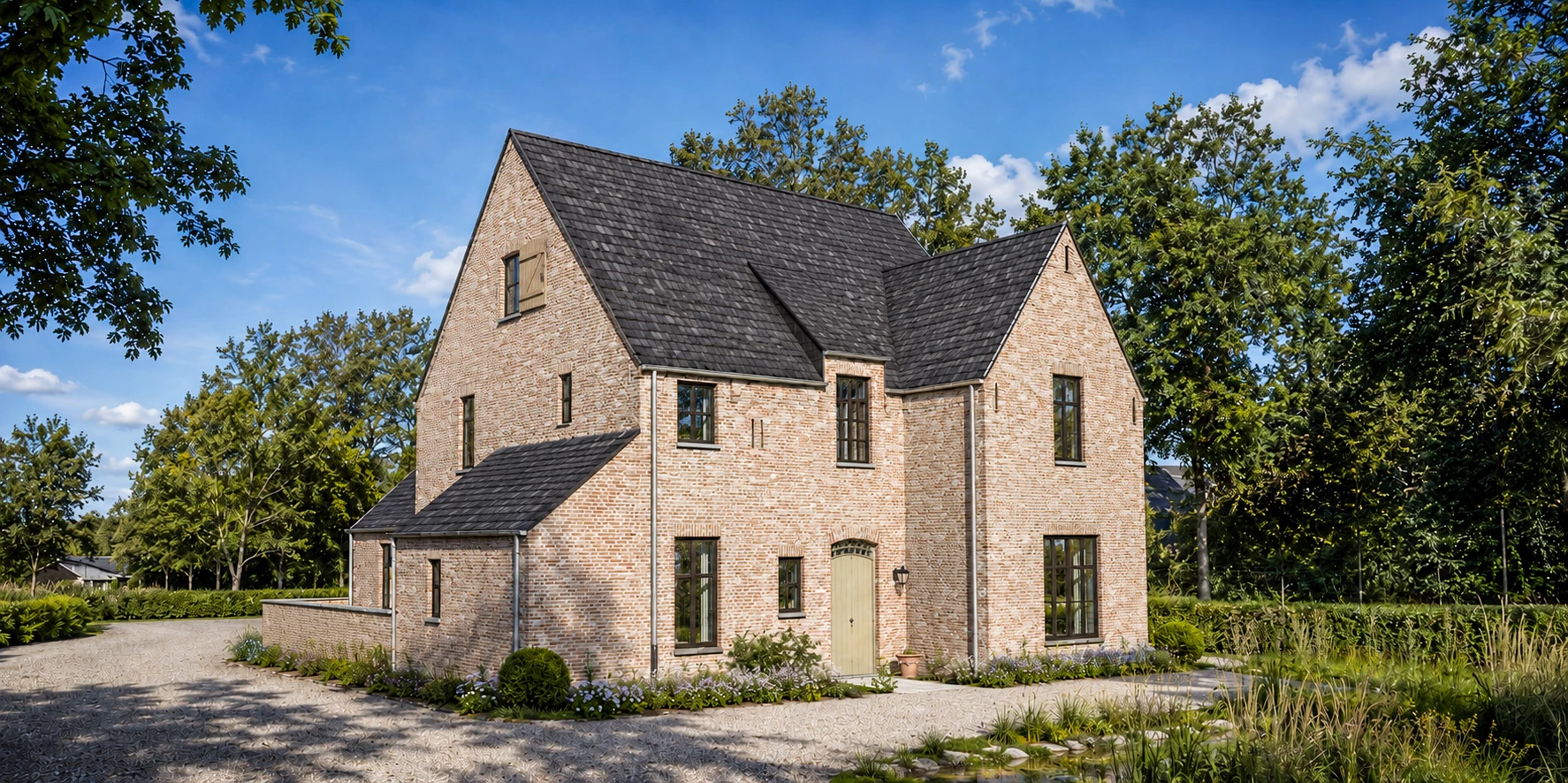 Landelijke villa (bedrijfswoning te Bree in lichte baksteen met donkere leien dakbedekking, grote ramen en een tijdloze architectuur in een groene omgeving.