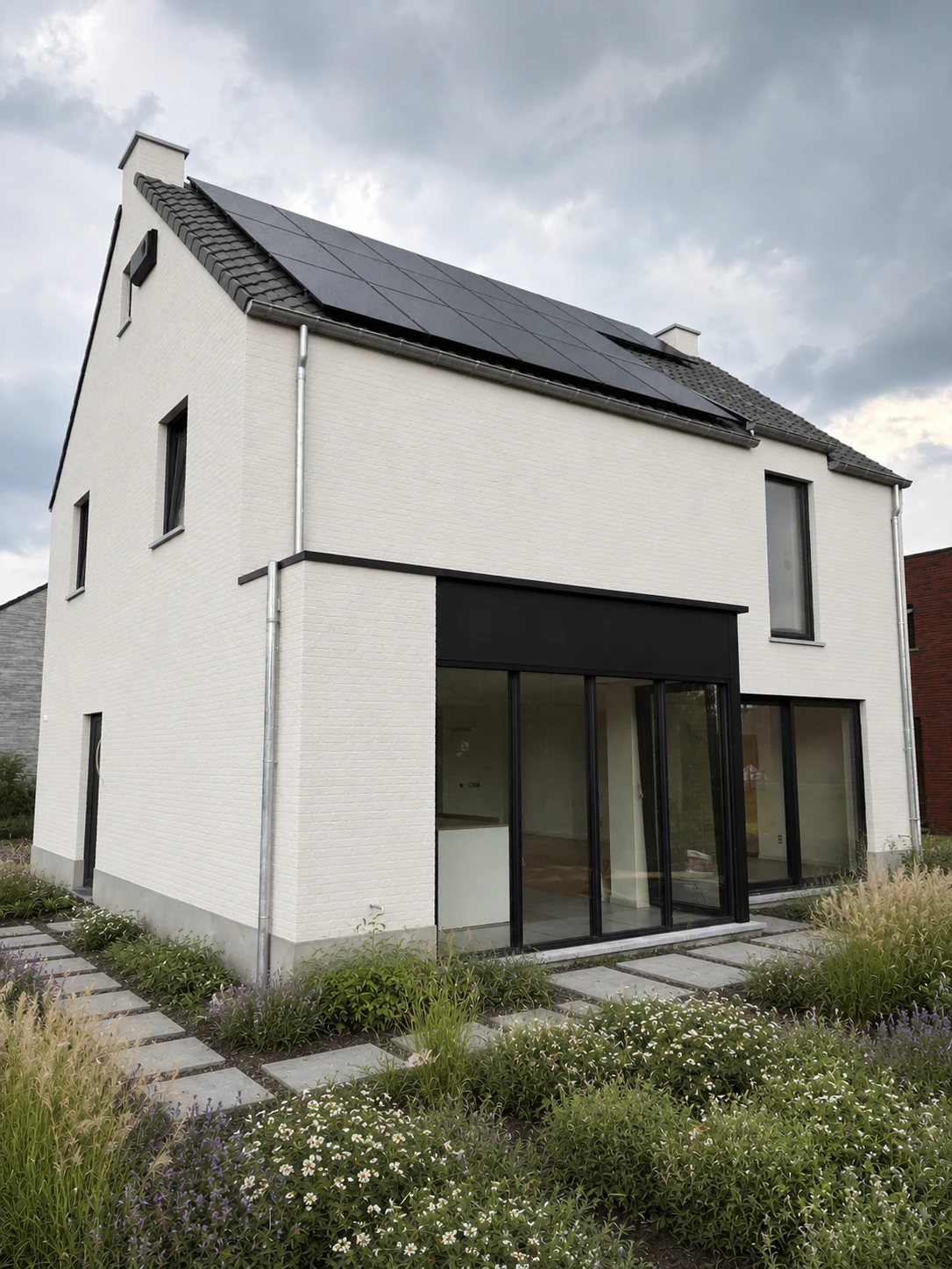 moderne landelijke woning, landelijke architectuur, moderne villa, wit gekaleide gevel, nieuwbouwwoning, architectuur op maat, hedendaagse landelijke woning, energiezuinige woning, exclusieve gezinswoning, tijdloze architectuur. architect Kinrooi, Architect Limburg
