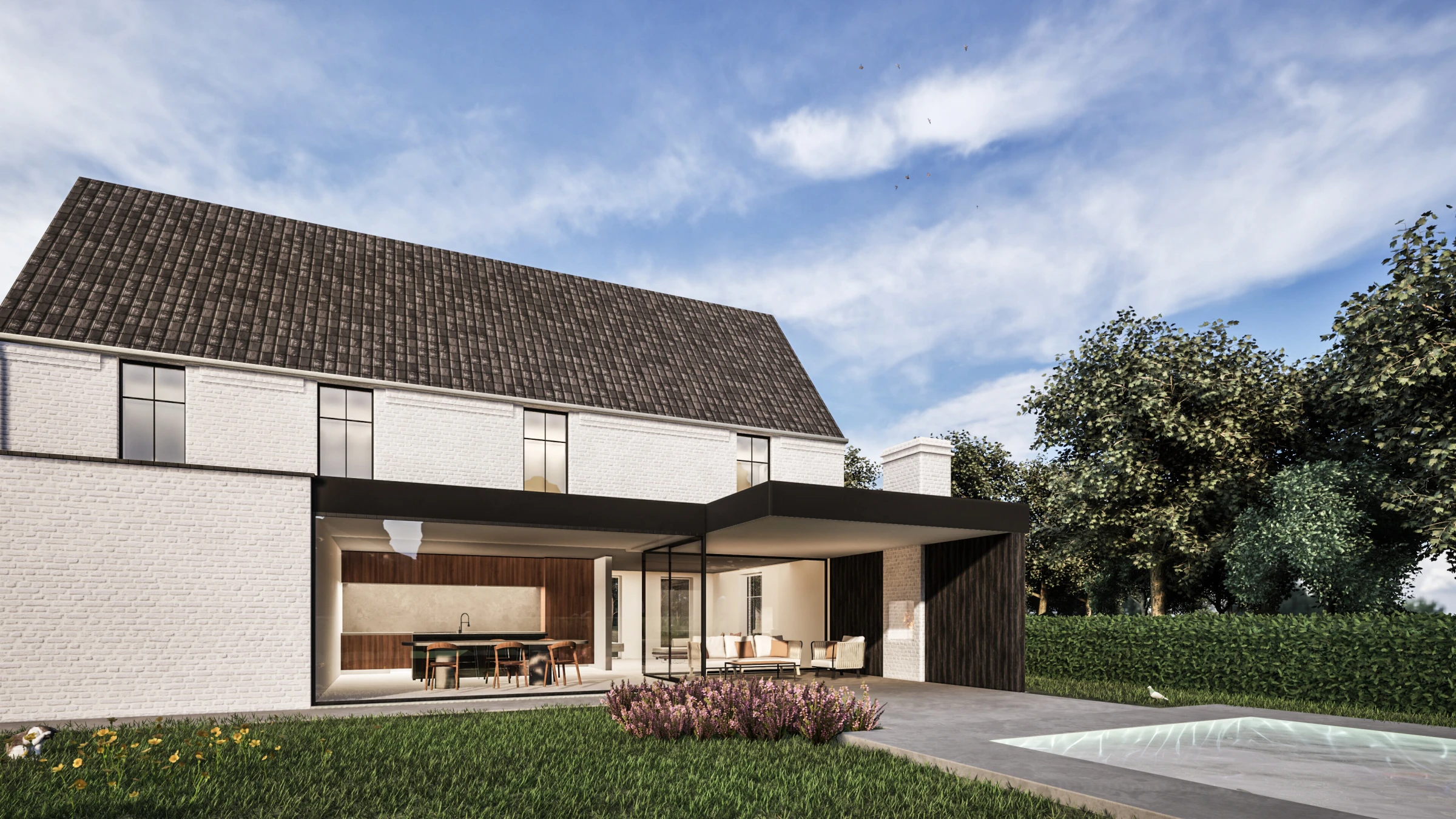 Klassieke witte gevelsteen gecombineerd met een strakke zwarte luifel, grote raampartijen en een moderne overdekte lounge.