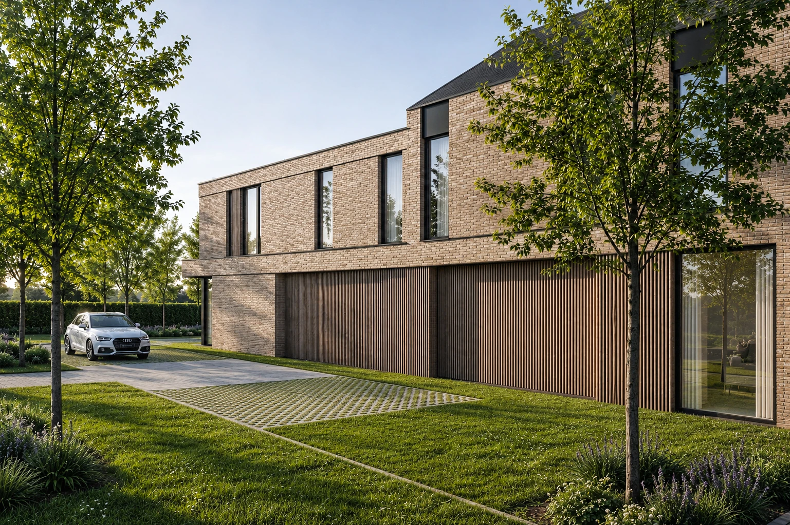 Moderne tweewoonst met strakke architectuur en tijdloze gevelcompositie. Moderne woning Genk