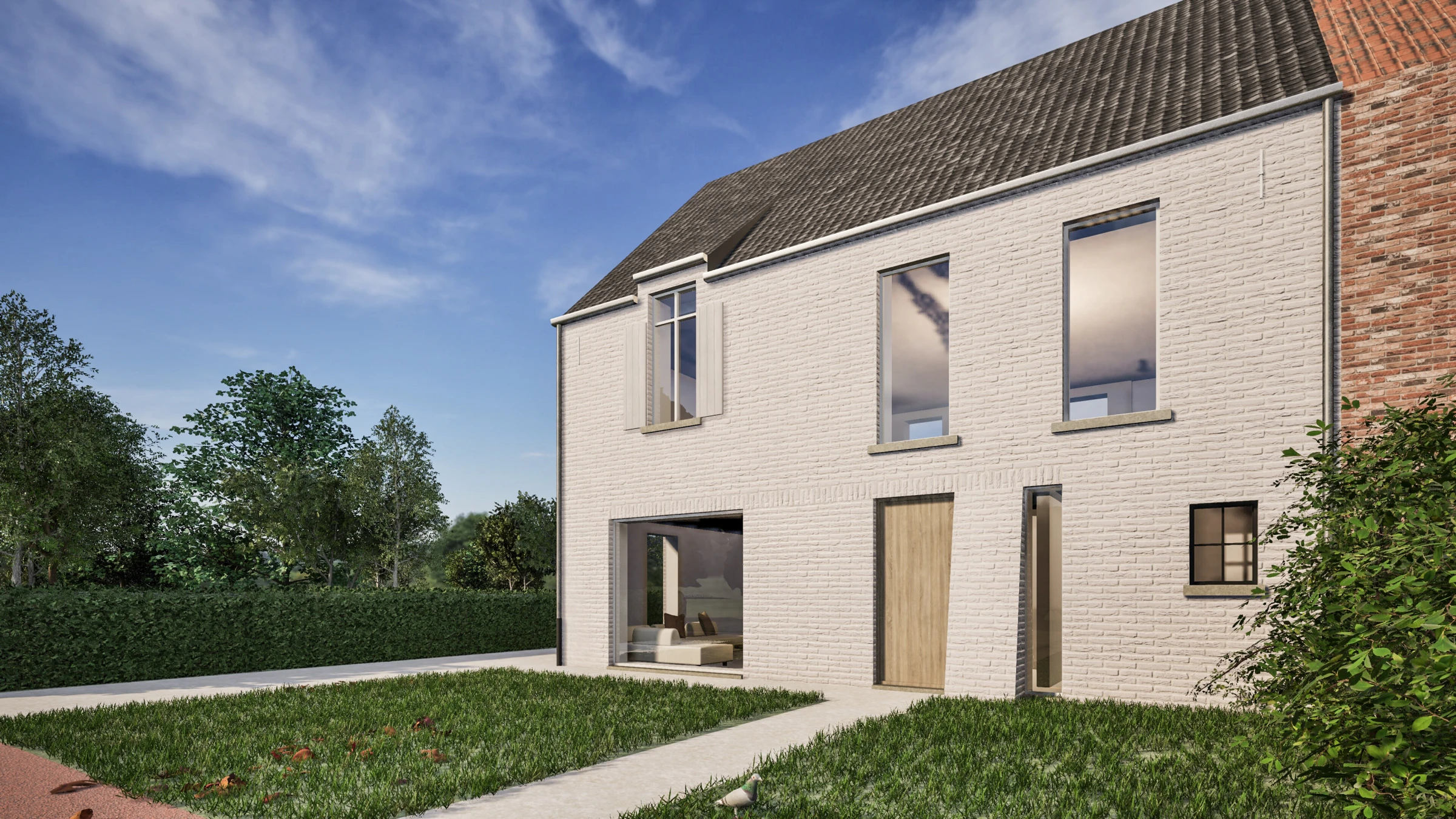landelijke woning, wit gekaleide gevel, landelijke architectuur, tijdloze villa, moderne landelijke woning, nieuwbouwwoning, architectuur op maat, landelijke gezinswoning, landelijke nieuwbouw, hedendaagse landelijke architectuur. Architect Bree, Architect As