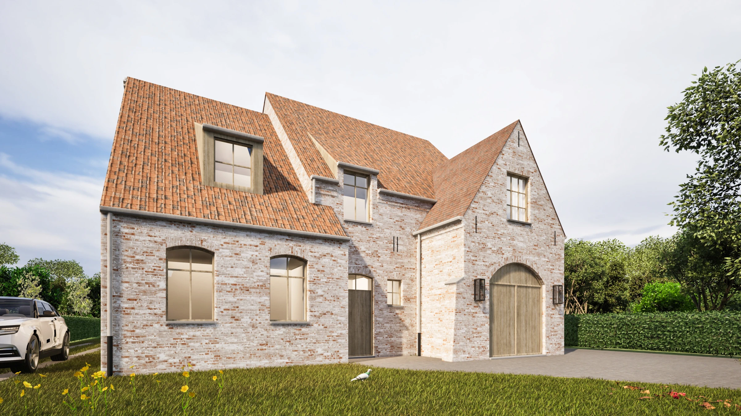 landelijke villa, woning met papvoeg, landelijke architectuur, exclusieve nieuwbouwwoning, tijdloze villa, landelijke woning met karakter, architect As, Architect Molenbeersel, architectuur op maat, landelijke nieuwbouw, landelijke woning met boogvormige ramen.