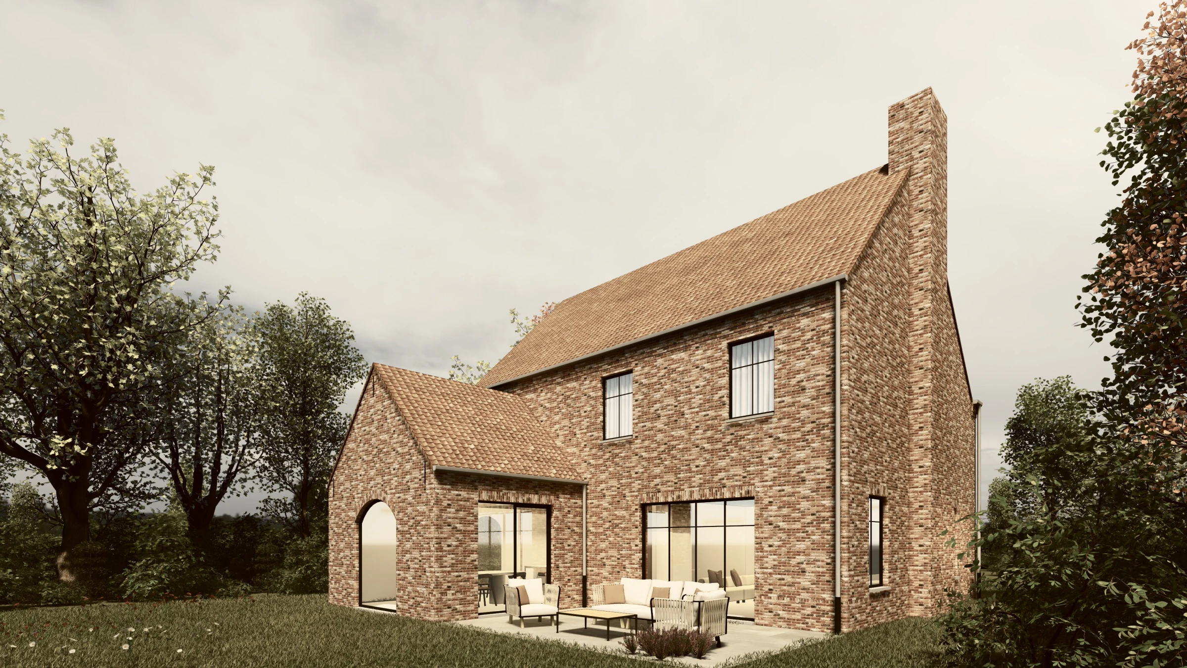 3D visualisatie architectuur: landelijke nieuwbouwwoning met een opvallend contrast tussen rustieke rode gevelsteen en witte baksteen, voorzien van een aangebouwde houten carport.