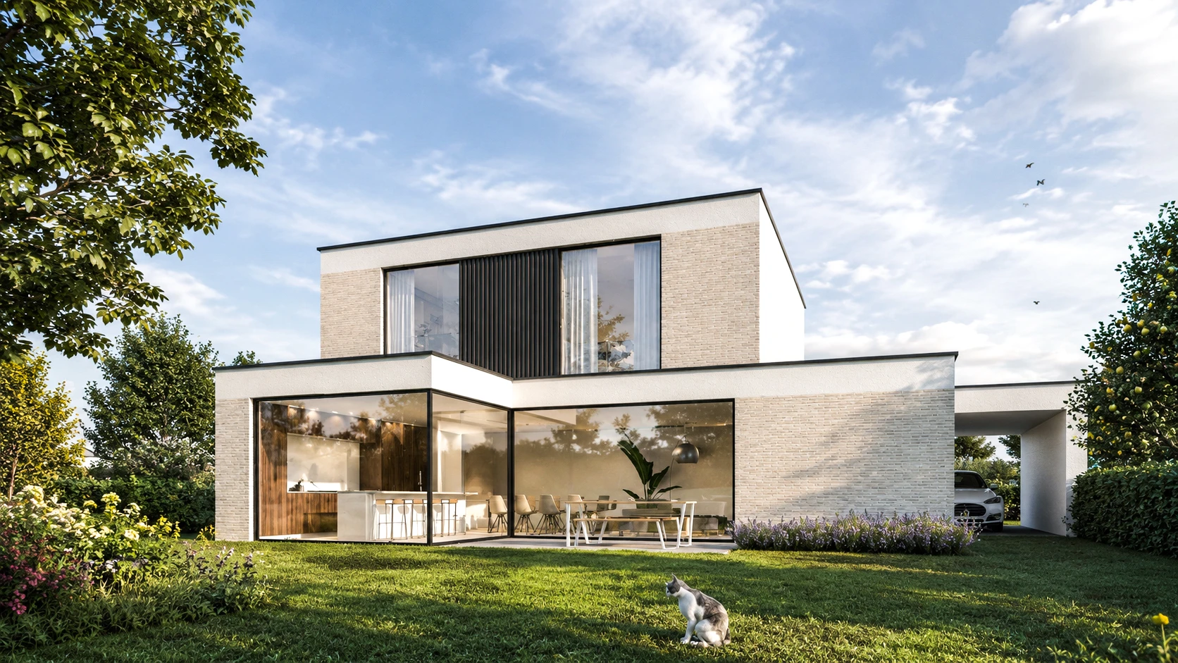Strakke moderne woning in baksteen met sierpleister details. De moderne architectuur kenmerken en grote glaspartijen zorgen voor een sterke relatie met tuin en omgeving. Dit zorgt duurzaam ontwerp in het groene Achel.