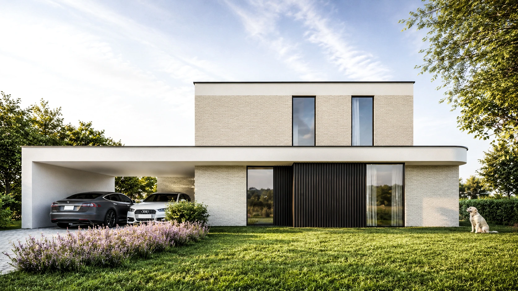 Strakke moderne woning in baksteen met sierpleister details. De moderne architectuur kenmerken en grote glaspartijen zorgen voor een sterke relatie met tuin en omgeving. Dit zorgt duurzaam ontwerp in het groene Achel.