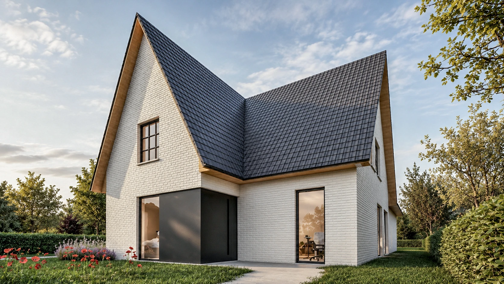3D visualisatie: verbouwing van een wit gekaleide woning met een strak zadeldak en een donker raamkader op de begane grond. Moderne uitbouw, architect Bree