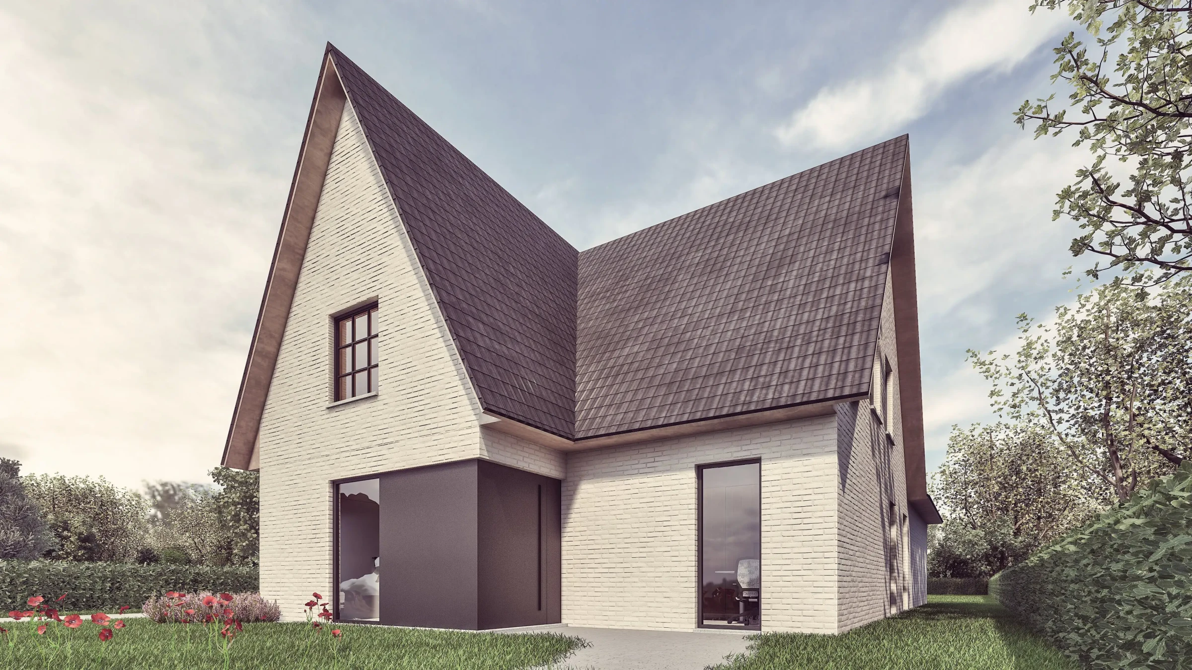3D visualisatie: verbouwing van een wit gekaleide woning met een strak zadeldak en een donker raamkader op de begane grond.