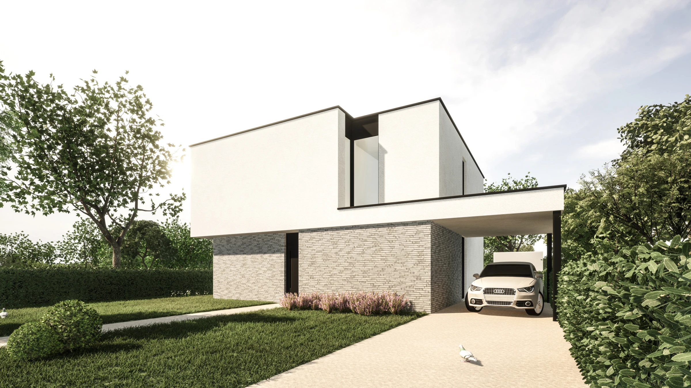 3D visualisatie van een moderne kubistische villa met een strakke witte bovenverdieping, een sokkel in lichtgrijze baksteen en een geïntegreerde carport.