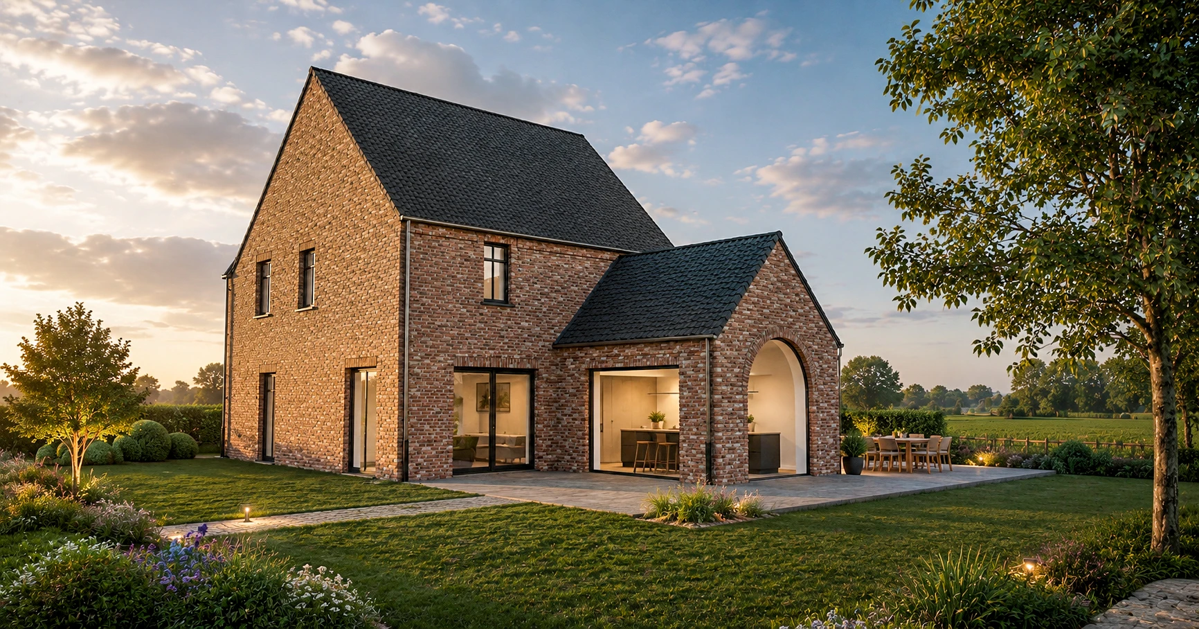 architect landelijke woning Limburg, landelijke nieuwbouw, landelijke architectuur, landelijke gezinswoning, woning met carport, nieuwbouw architect, tijdloze woning, architect op maat, landelijke villa, architect Genk.