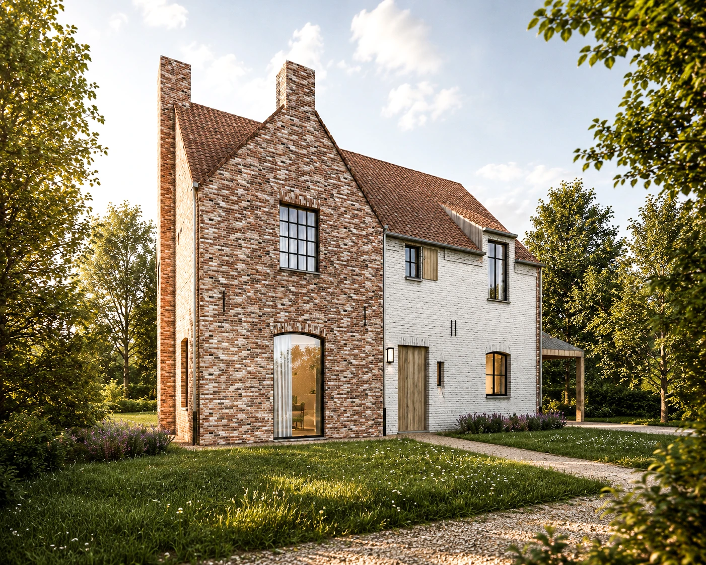 3D visualisatie architectuur: landelijke nieuwbouwwoning met een opvallend contrast tussen rustieke rode gevelsteen en witte baksteen, voorzien van een aangebouwde houten carport. landelijke woning, landelijke villa, moderne landelijke architectuur, tijdloze villa, exclusieve woning, landelijke nieuwbouw, architectuur op maat, landelijke gezinswoning.