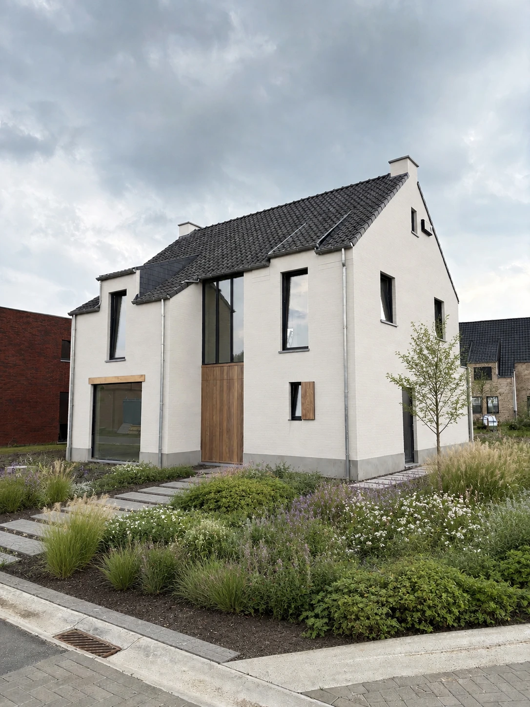 moderne landelijke woning, landelijke architectuur, moderne villa, wit gekaleide gevel, nieuwbouwwoning, architectuur op maat, hedendaagse landelijke woning, energiezuinige woning, exclusieve gezinswoning, tijdloze architectuur. architect Kinrooi, Architect Limburg