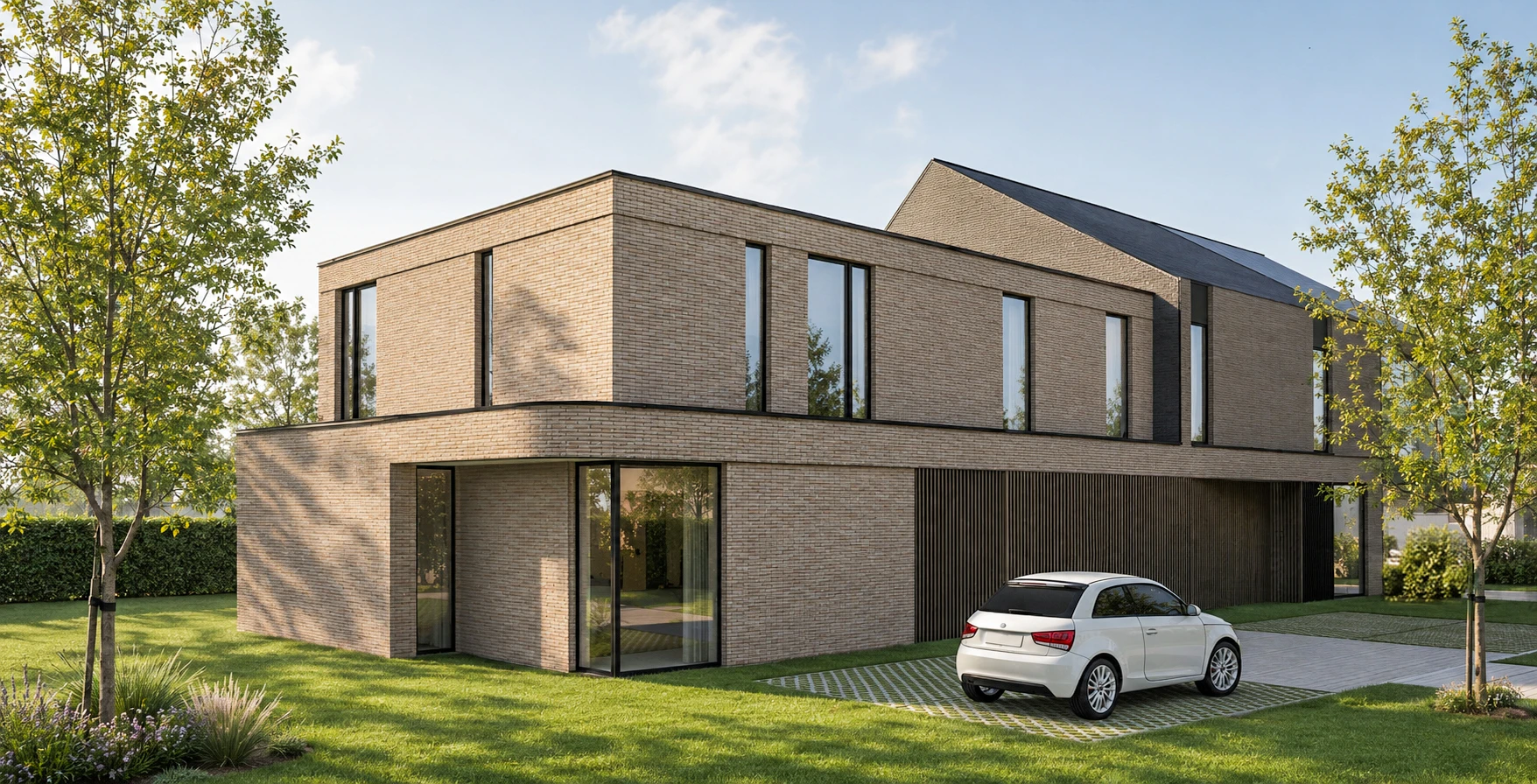Architectuur van een moderne tweewoonst met evenwichtige volumewerking. in Genk