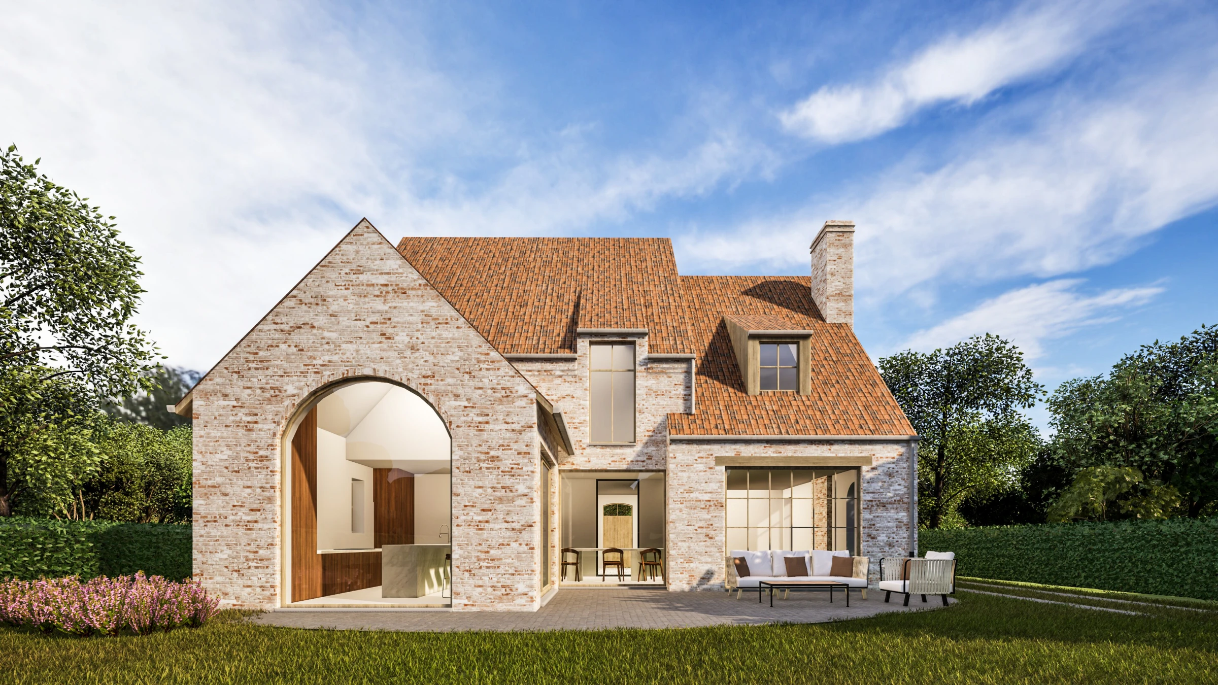 landelijke villa, woning met papvoeg, landelijke architectuur, exclusieve nieuwbouwwoning, tijdloze villa, landelijke woning met karakter, architect As, Architect Molenbeersel, architectuur op maat, landelijke nieuwbouw, landelijke woning met boogvormige ramen.