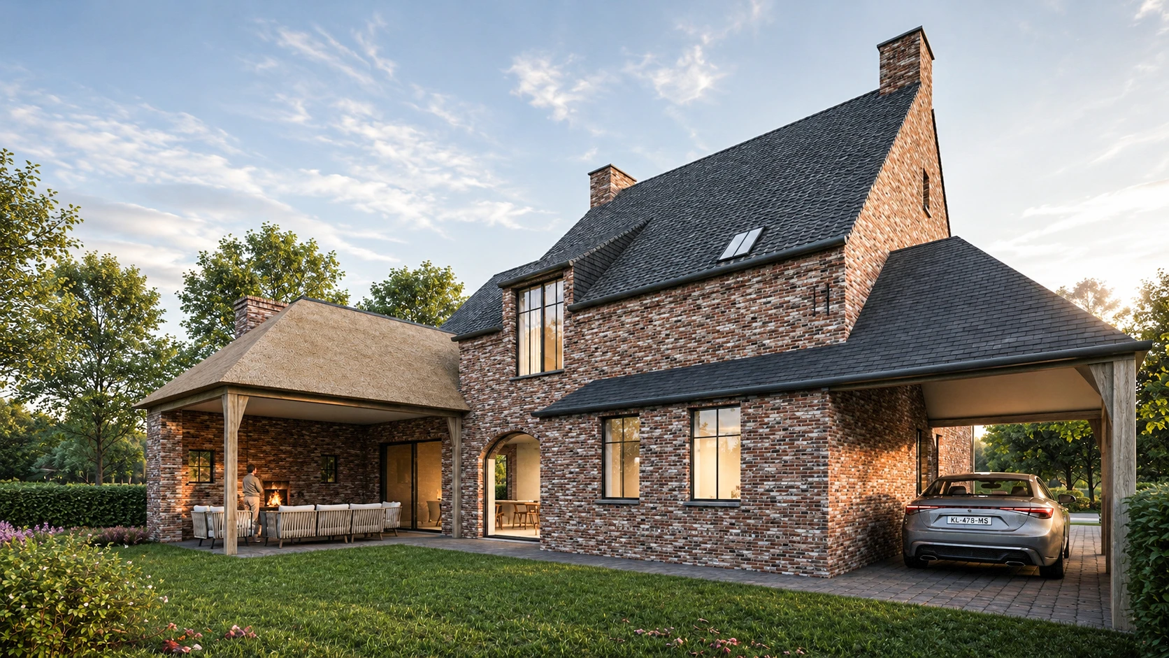 Nieuwbouw villa. De gevel combineert robuust rood metselwerk met strakke, minimalistische zwarte raamprofielen, een lichte houten voordeur en een aangebouwde carport aan de linkerkant.