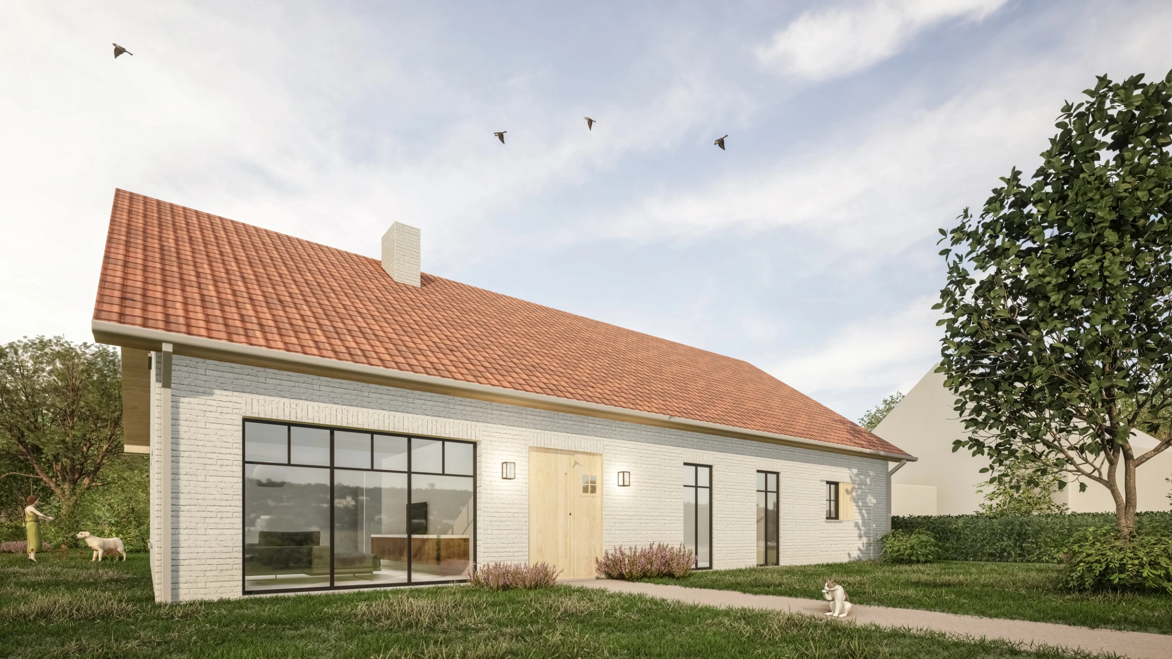 3D visualisatie van modern landelijke villa in rode baksteen met kruisende zadeldaken en grote zwarte raampartijen.