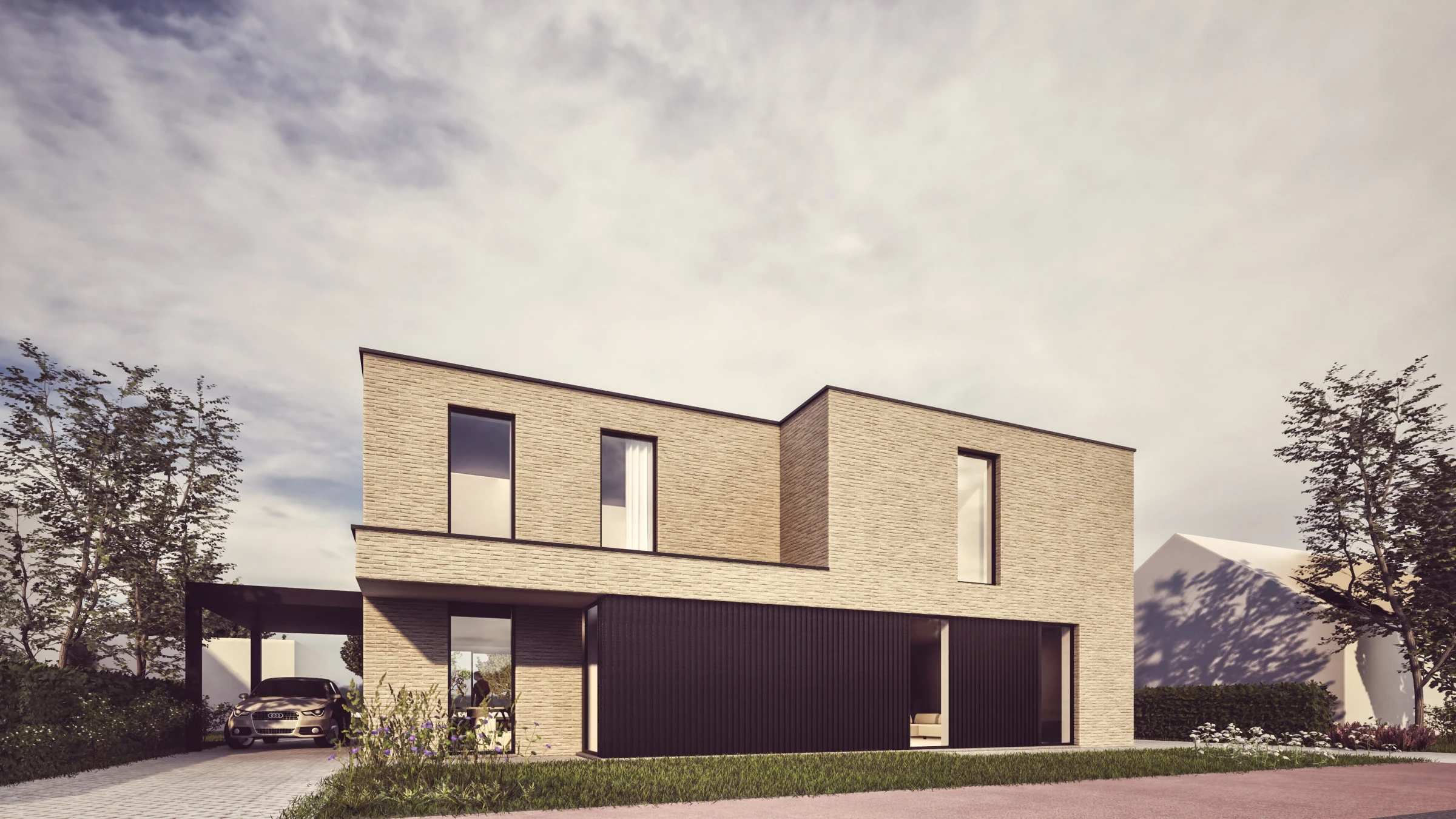 3D visualisatie van een moderne woning met een plat dak, ontworpen in een lichte gevelsteen met donkere ramen.