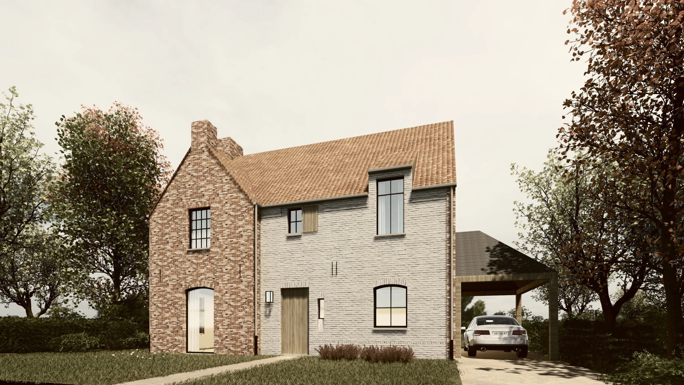 Landelijke woning met een contrast tussen rustieke rode gevelsteen en witte baksteen, voorzien van een aangebouwde houten carport.