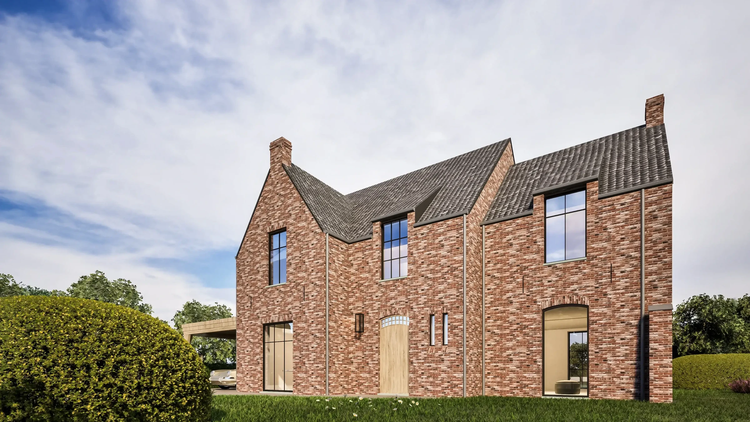 Ruime, eigentijdse woning. De gevel combineert robuust rood baksteenmetselwerk met grote, zwarte raampartijen, een lichte houten voordeur en een asymmetrisch zadeldak.
